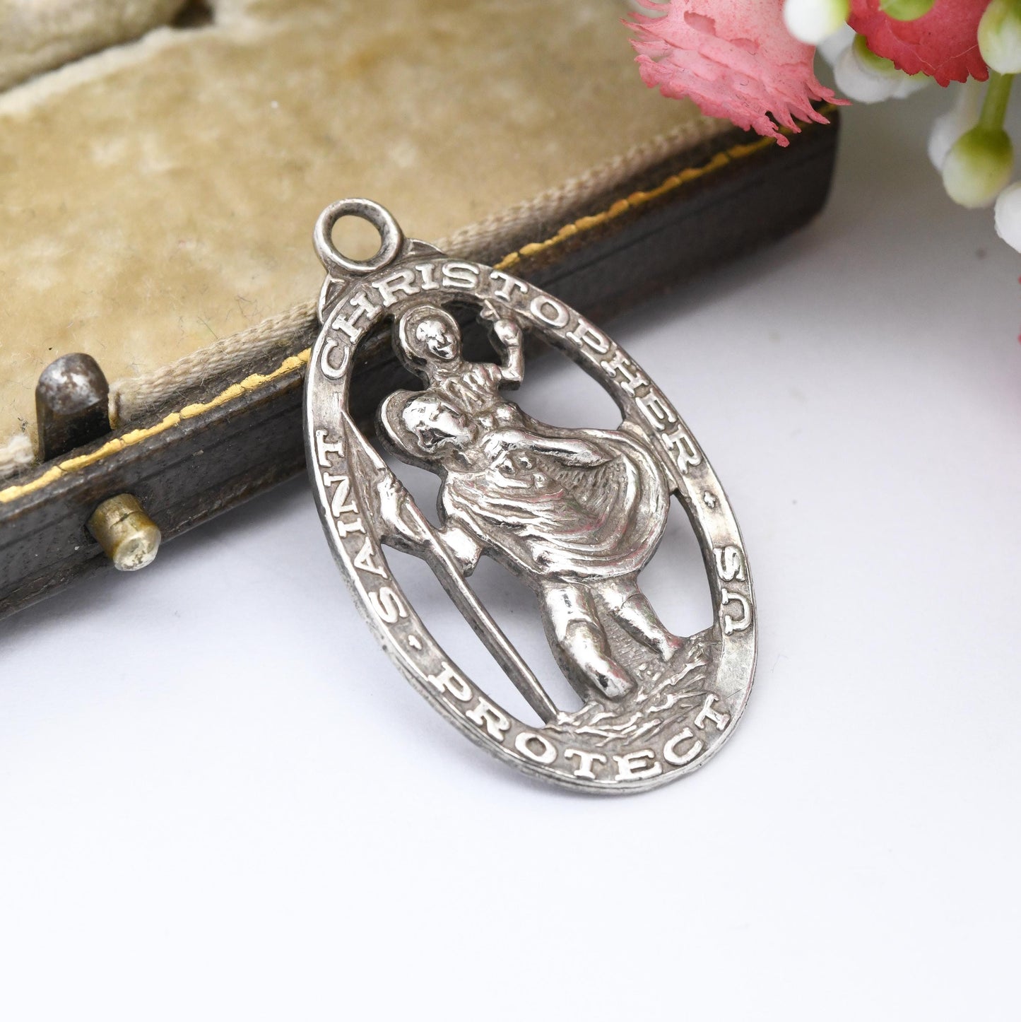 Vintage Sterling Silver St. Christopher Protect Us Charm Pendant - Large Oval | Mid-Century | Saint of Travellers