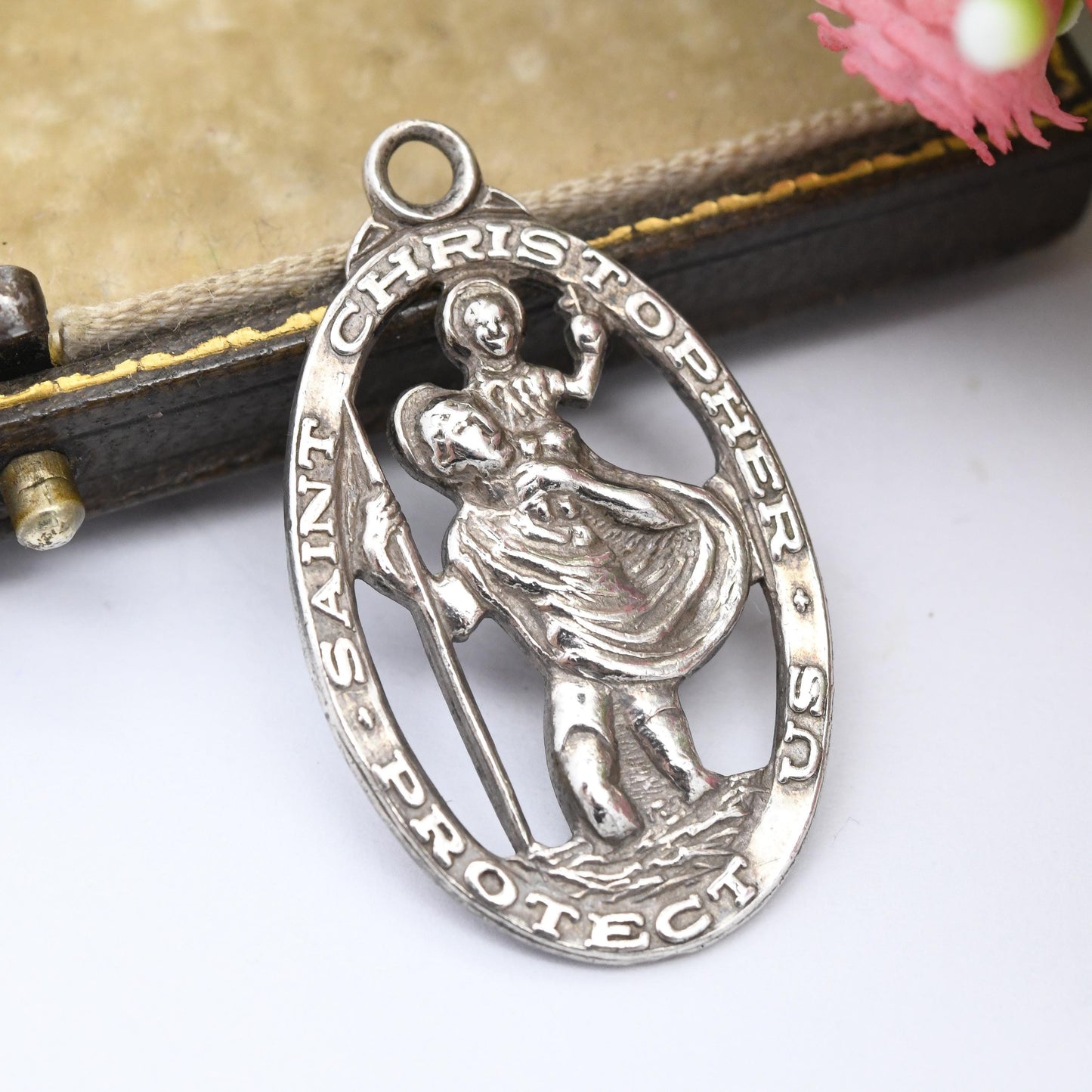 Vintage Sterling Silver St. Christopher Protect Us Charm Pendant - Large Oval | Mid-Century | Saint of Travellers