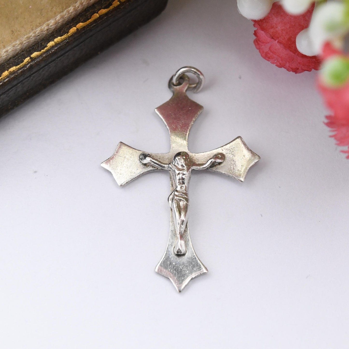 Vintage Sterling Silver Christ on the Cross Pendant - Flared Edges Stylised Cross Antique Style