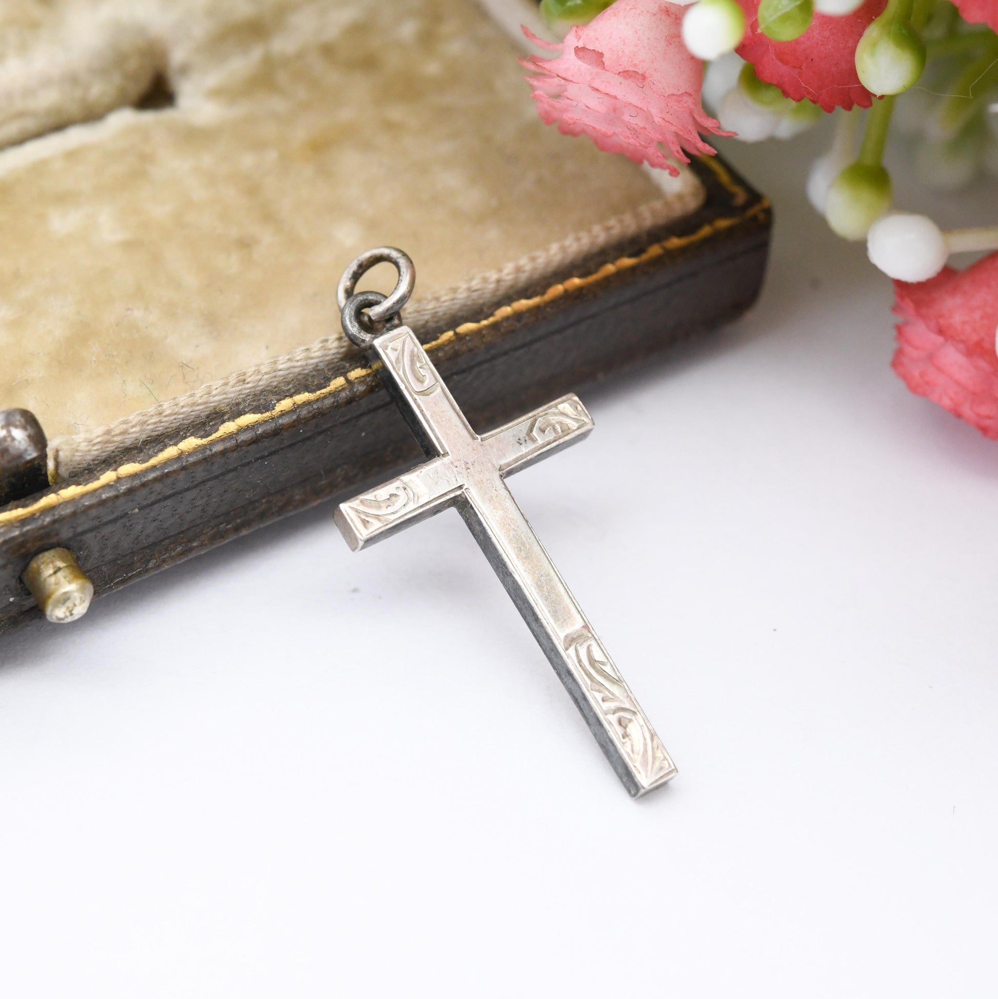 Vintage Sterling Silver Cross Pendant with Engraved Scrolling Design - True Vintage Gift for Baptism Christening Christian Necklace