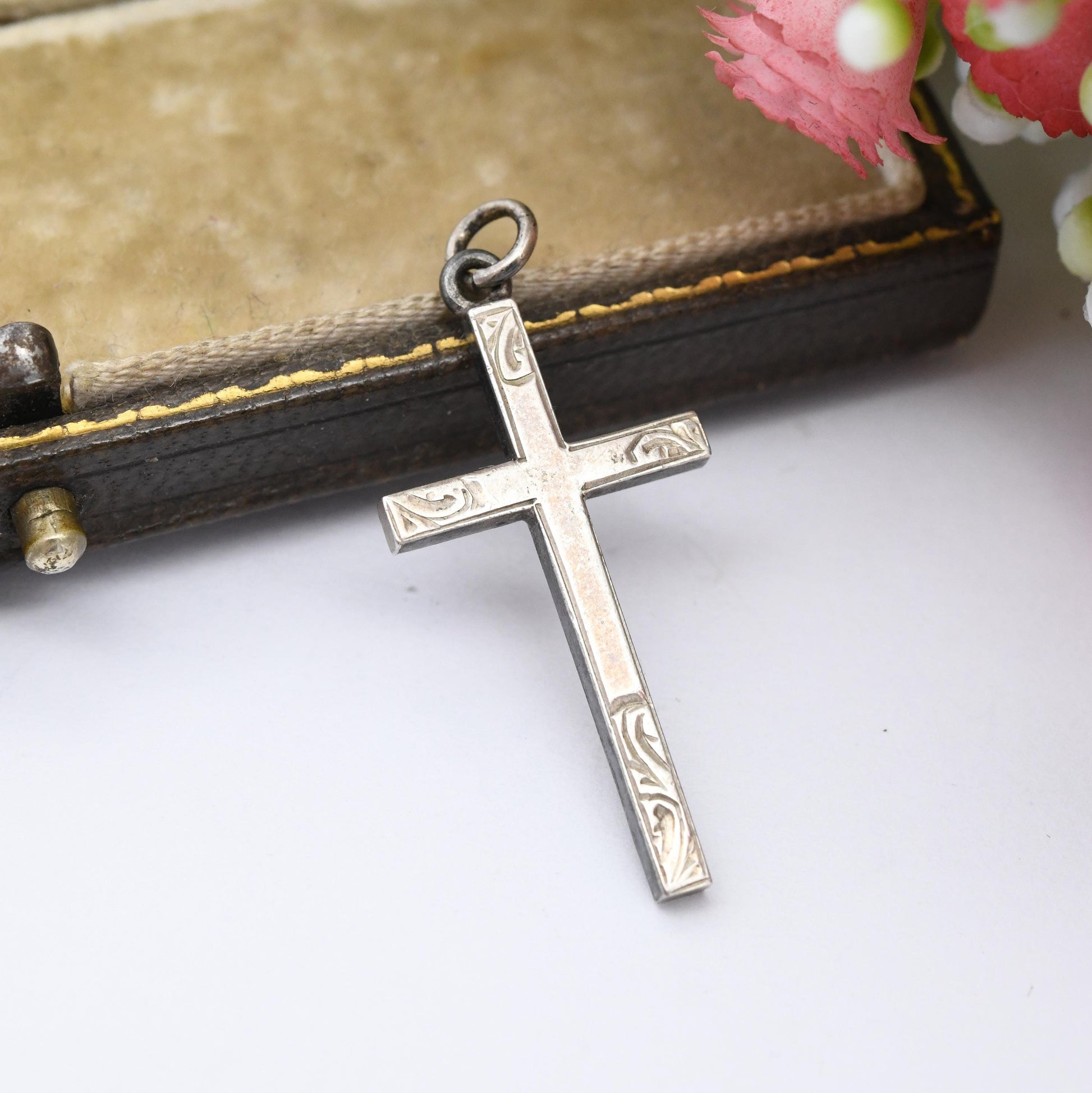 Vintage Sterling Silver Cross Pendant with Engraved Scrolling Design - True Vintage Gift for Baptism Christening Christian Necklace