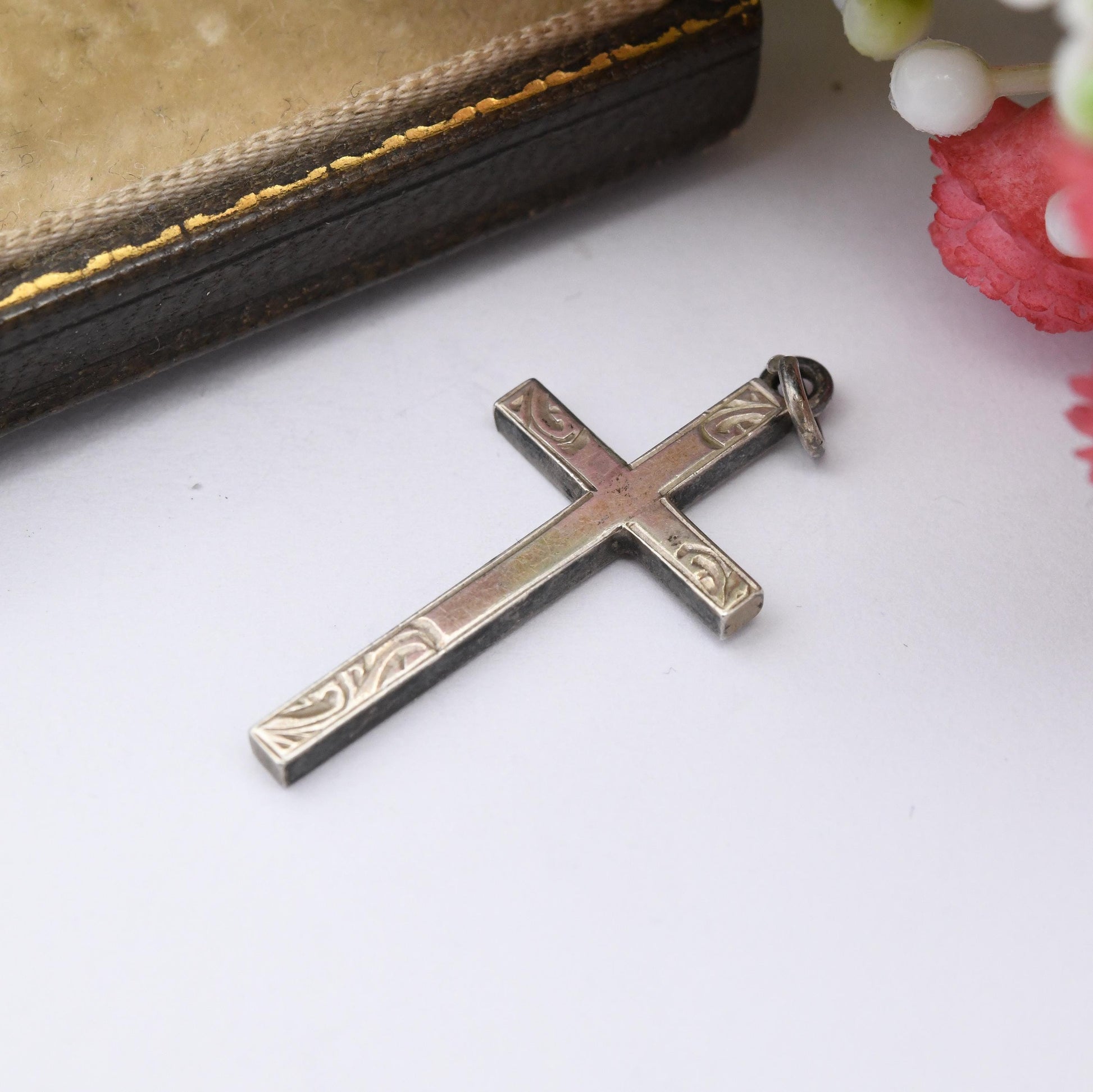 Vintage Sterling Silver Cross Pendant with Engraved Scrolling Design - True Vintage Gift for Baptism Christening Christian Necklace