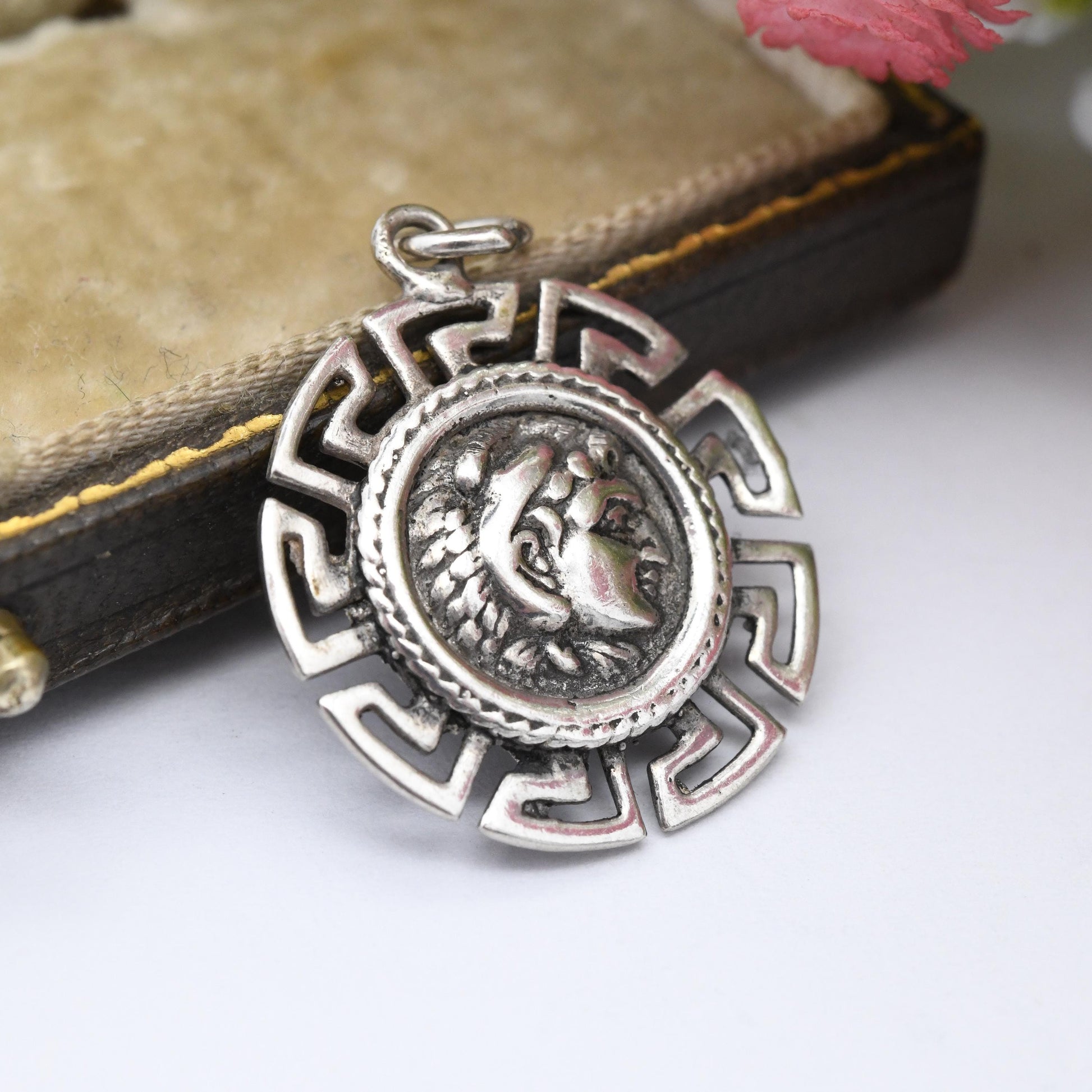 Vintage Silver Ancient Greek Alexander Coin Pendant with Openwork Meander Greek Key Border - Ancient Greece Souvenir Classical Student Gift