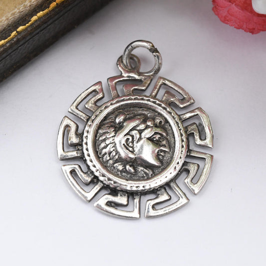 Vintage Silver Ancient Greek Alexander Coin Pendant with Openwork Meander Greek Key Border - Ancient Greece Souvenir Classical Student Gift