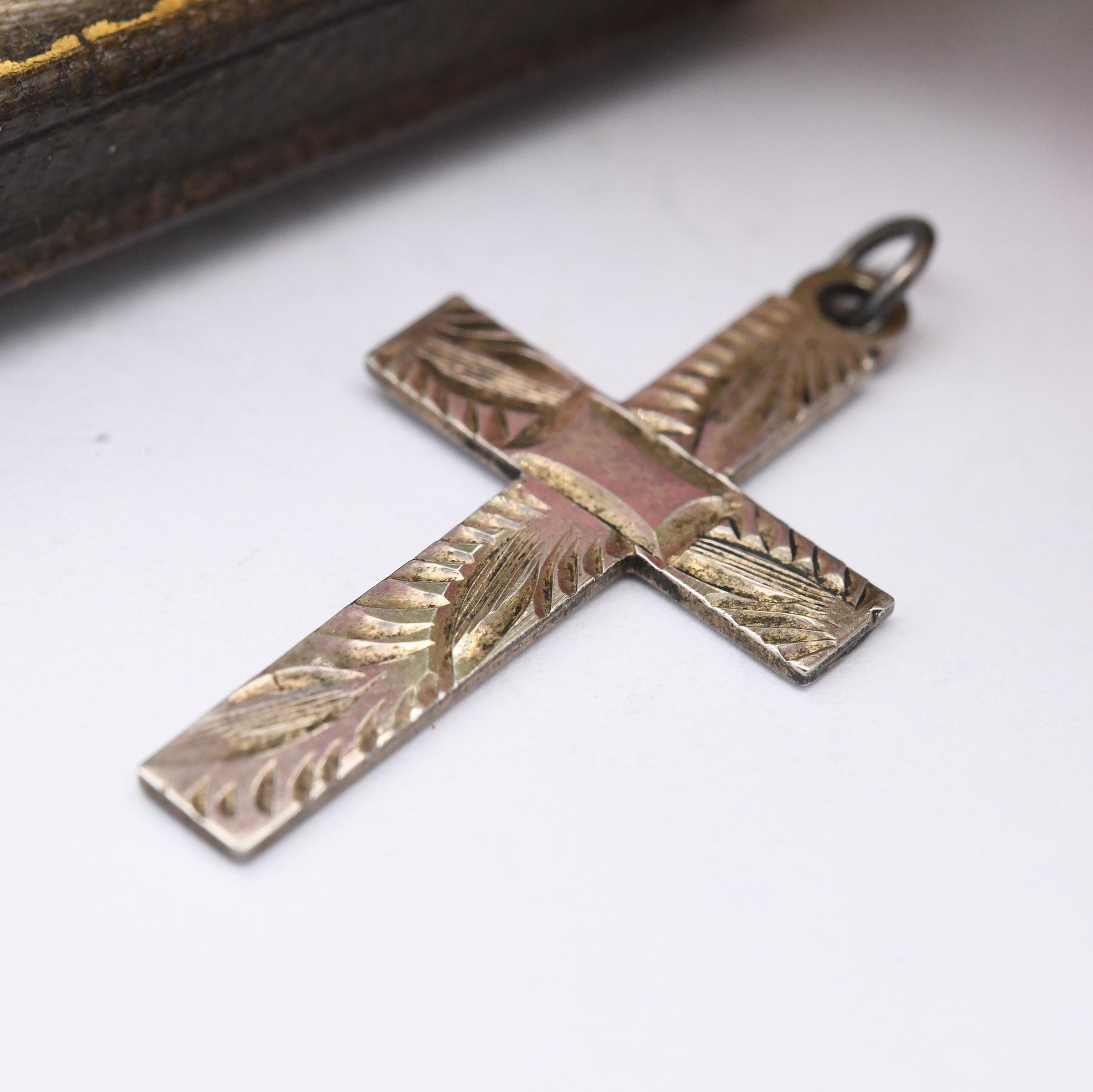 Vintage Sterling Silver Cross Pendant with Engraved Design - Mid-Century Christian Gift for Christening Baptism Sweet Unusual Pendant Charm