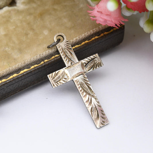 Vintage Sterling Silver Cross Pendant with Engraved Design - Mid-Century Christian Gift for Christening Baptism Sweet Unusual Pendant Charm