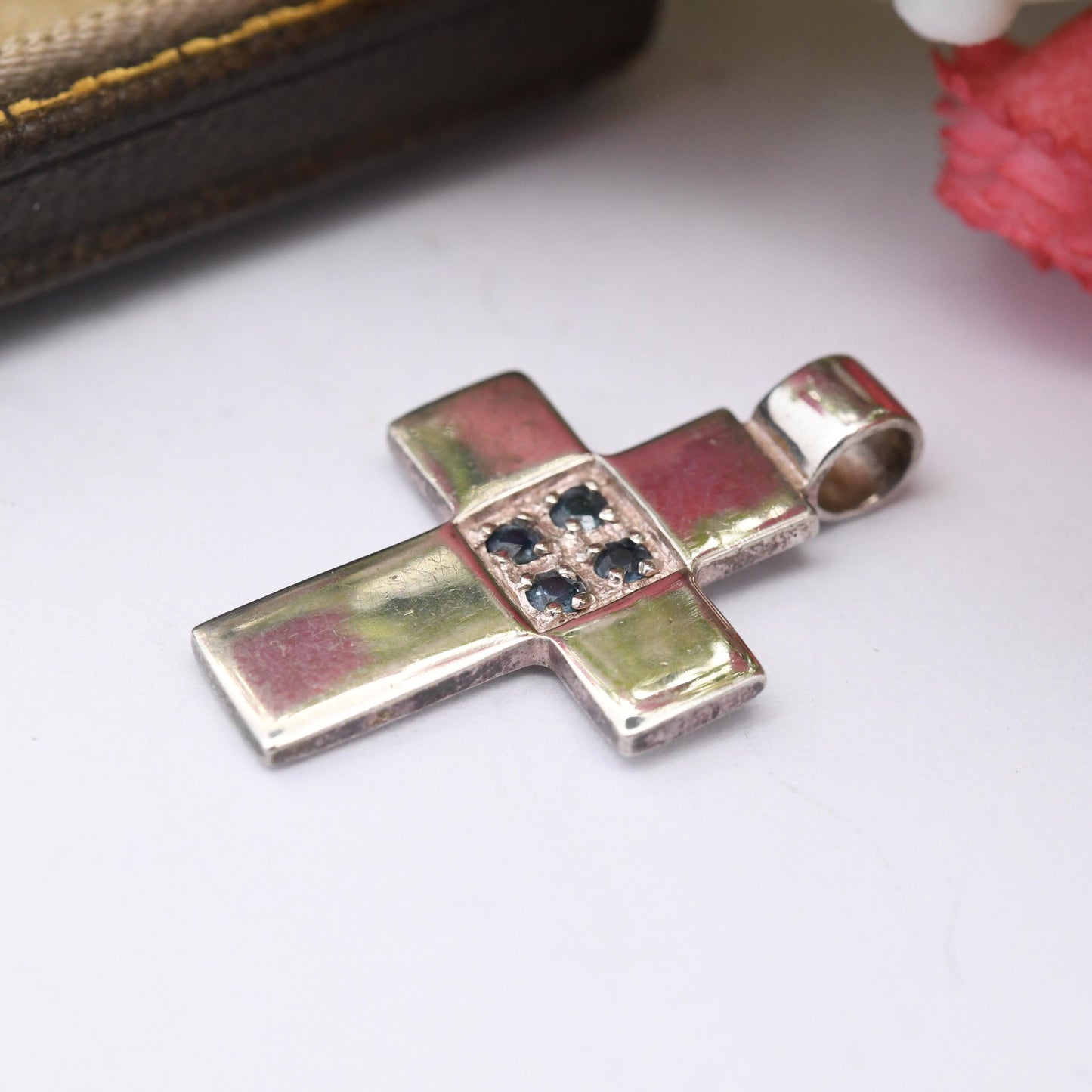 Vintage Sterling Silver Sapphire Cross Pendant by Sea Gems - Religious Christian Pendant | Pretty Little Cross Charm | Gift for Daughter