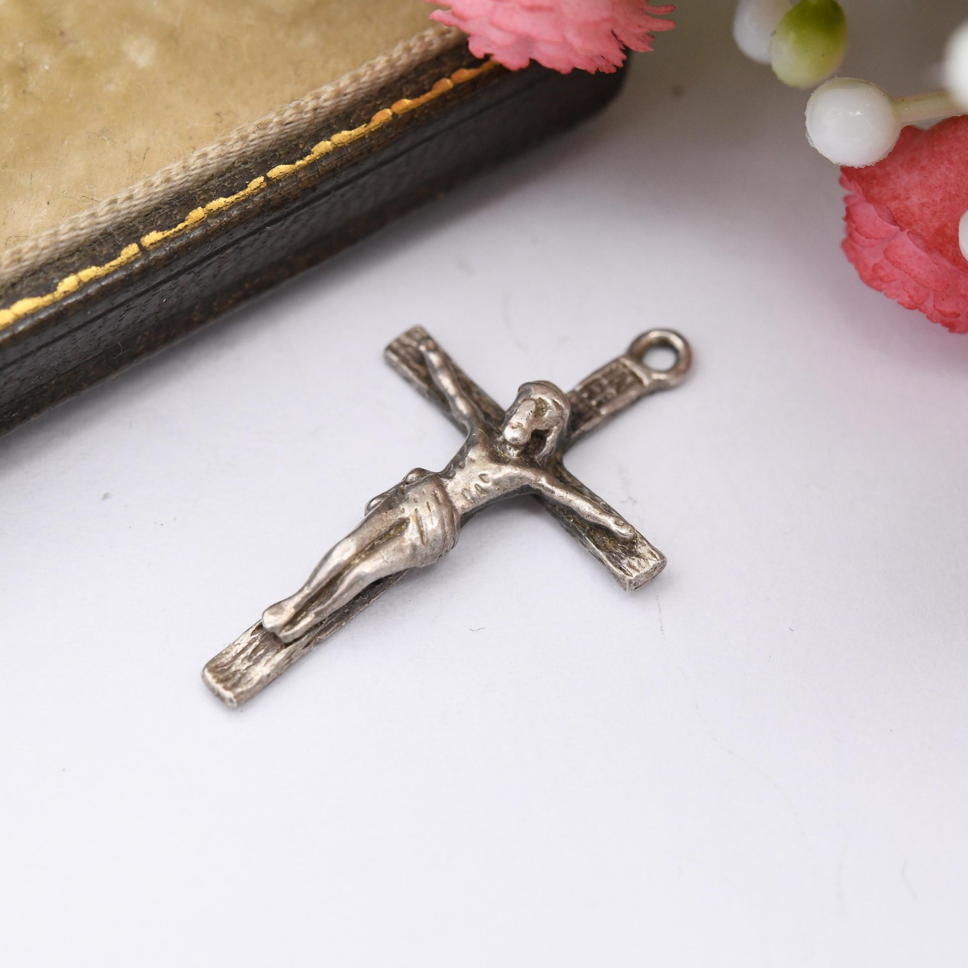 Vintage Sterling Silver Christ on the Cross Pendant Charm INRI - Sweet Mid-Century Solid Silver Christian Gift for Christening Baptism