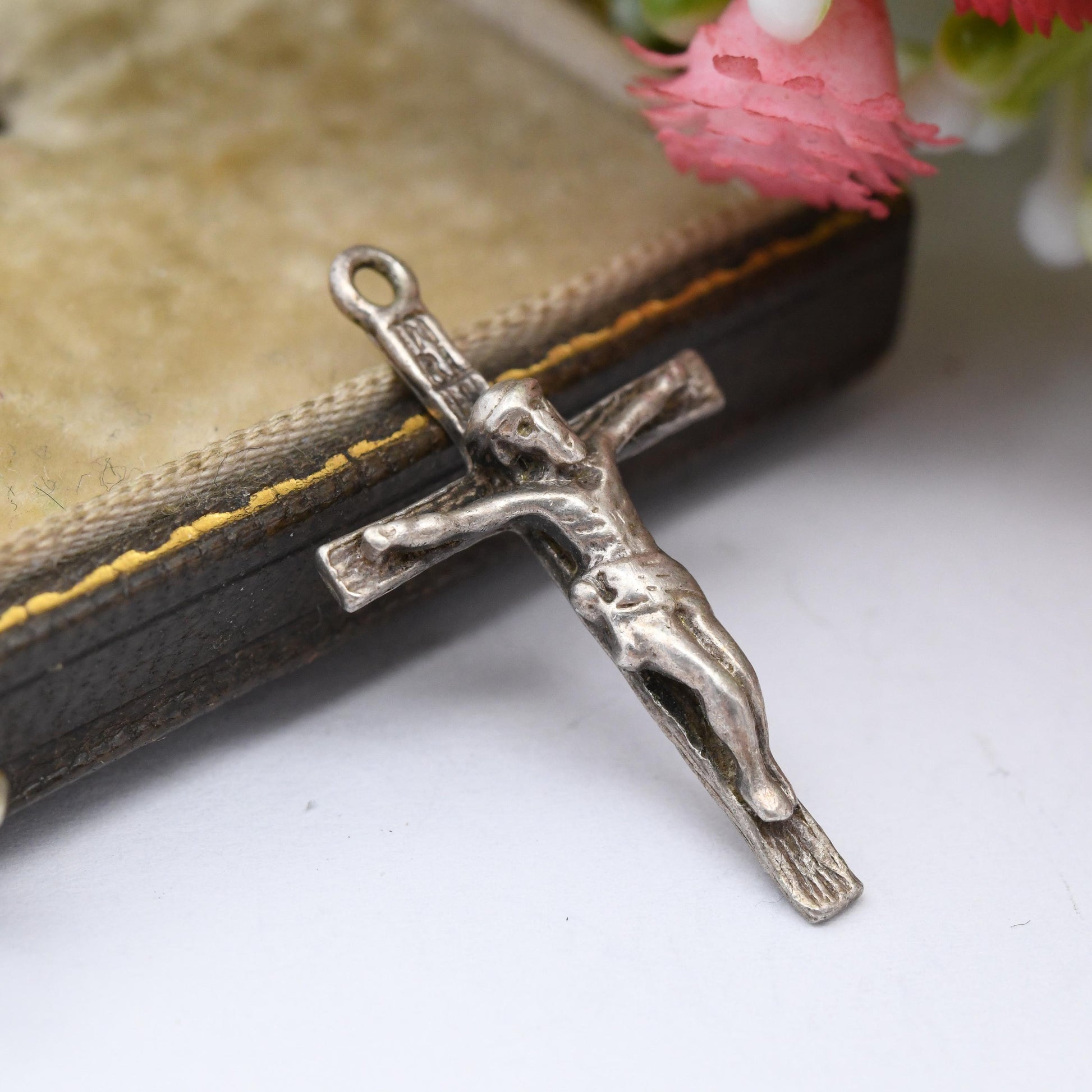 Vintage Sterling Silver Christ on the Cross Pendant Charm INRI - Sweet Mid-Century Solid Silver Christian Gift for Christening Baptism