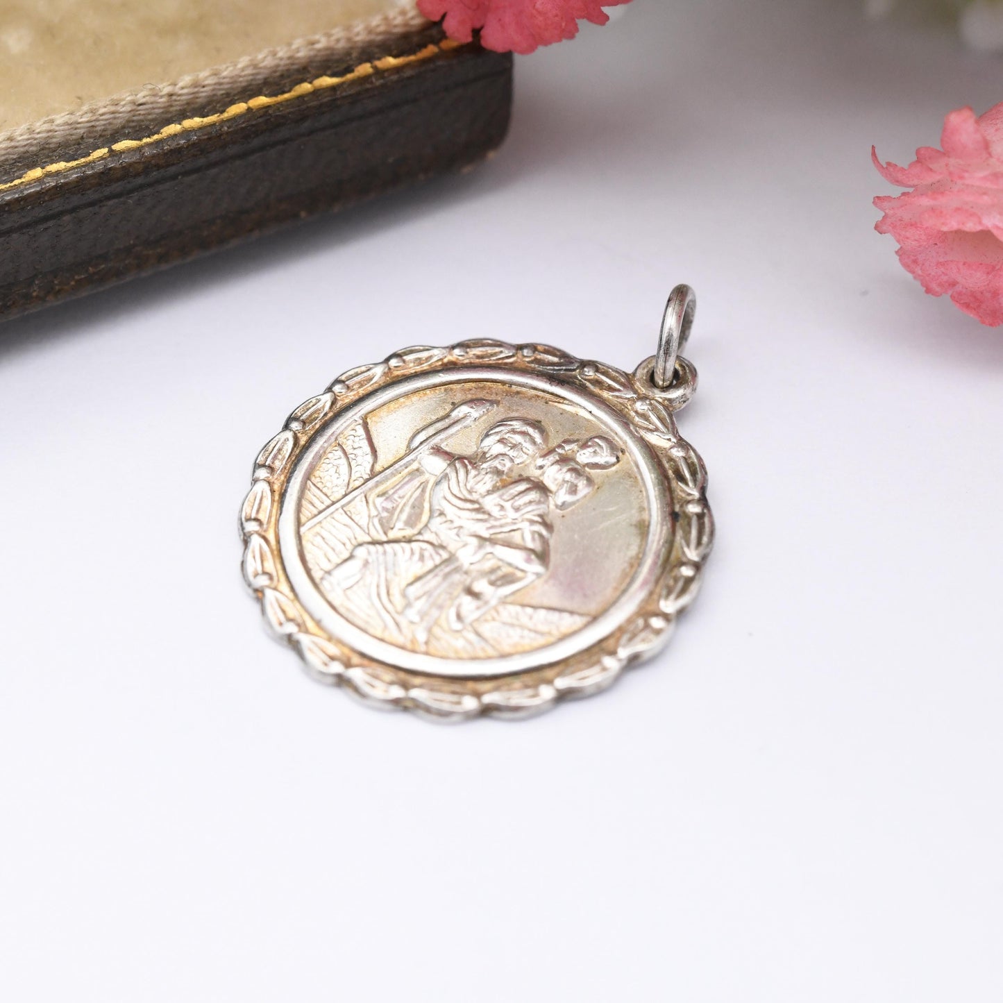 Vintage Sterling Silver St. Christopher Pendant - Wreath Design | Mid-Century Protect Us Charm | Patron Saint of Travelling