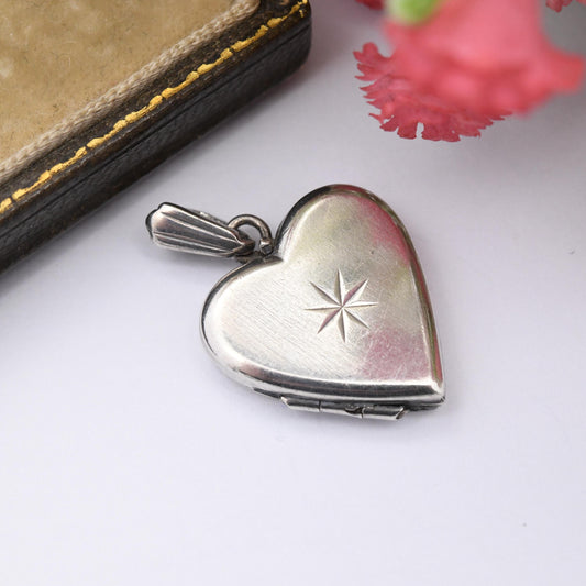 Vintage Sterling Silver Heart Locket Pendant with Star Design - Minimal Love Heart Shape Locket Pretty Gift for Her | Mid-Century Jewellery