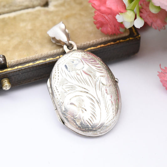 Vintage Sterling Silver Locket Pendant with Engraved Scrolling Design - Small Oval Locket Necklace for Chunky Chain | Sweet Jewellery Gift