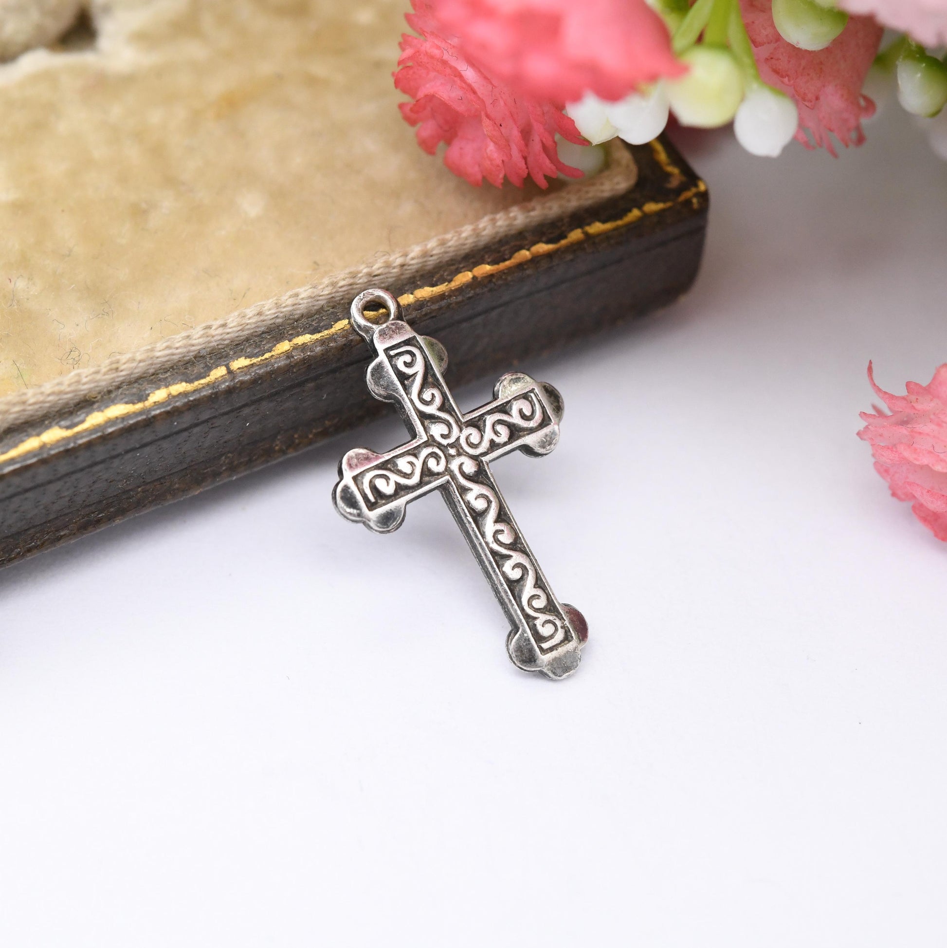 Vintage Sterling Silver Cross Pendant with Engraved Spiral S Pattern - Sweet Christening Jewellery Gift Present Christian Charm for Necklace