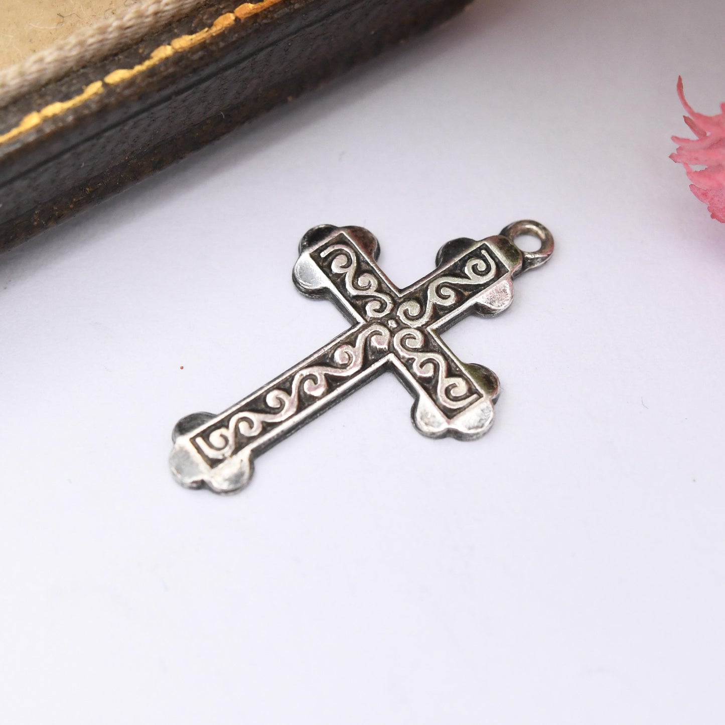 Vintage Sterling Silver Cross Pendant with Engraved Spiral S Pattern - Sweet Christening Jewellery Gift Present Christian Charm for Necklace