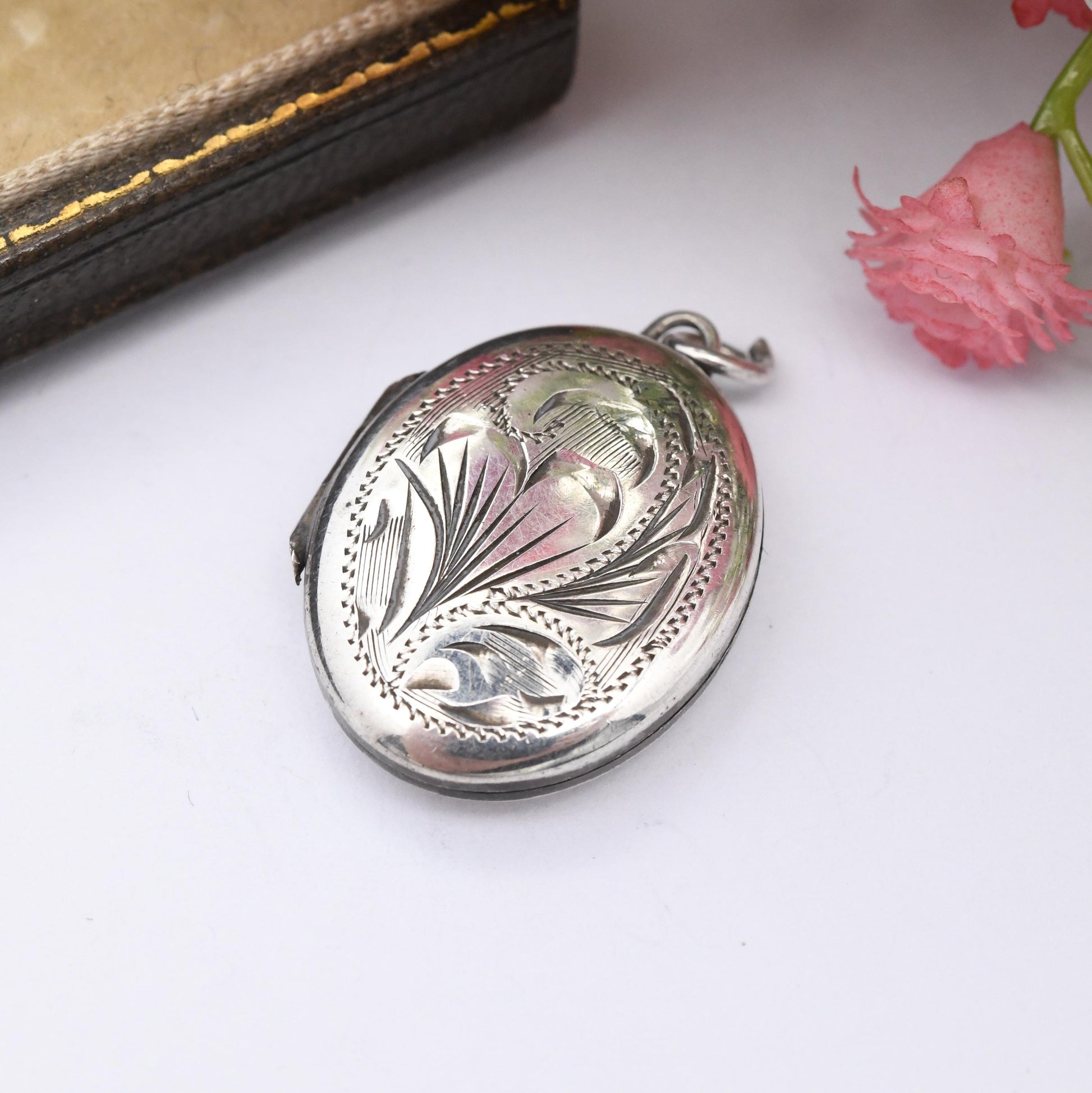 Vintage Sterling Silver Locket Pendant with Engraved Scrolling Design 1978 - Small Oval Locket Necklace | Sweet Sentimental Gift for Her