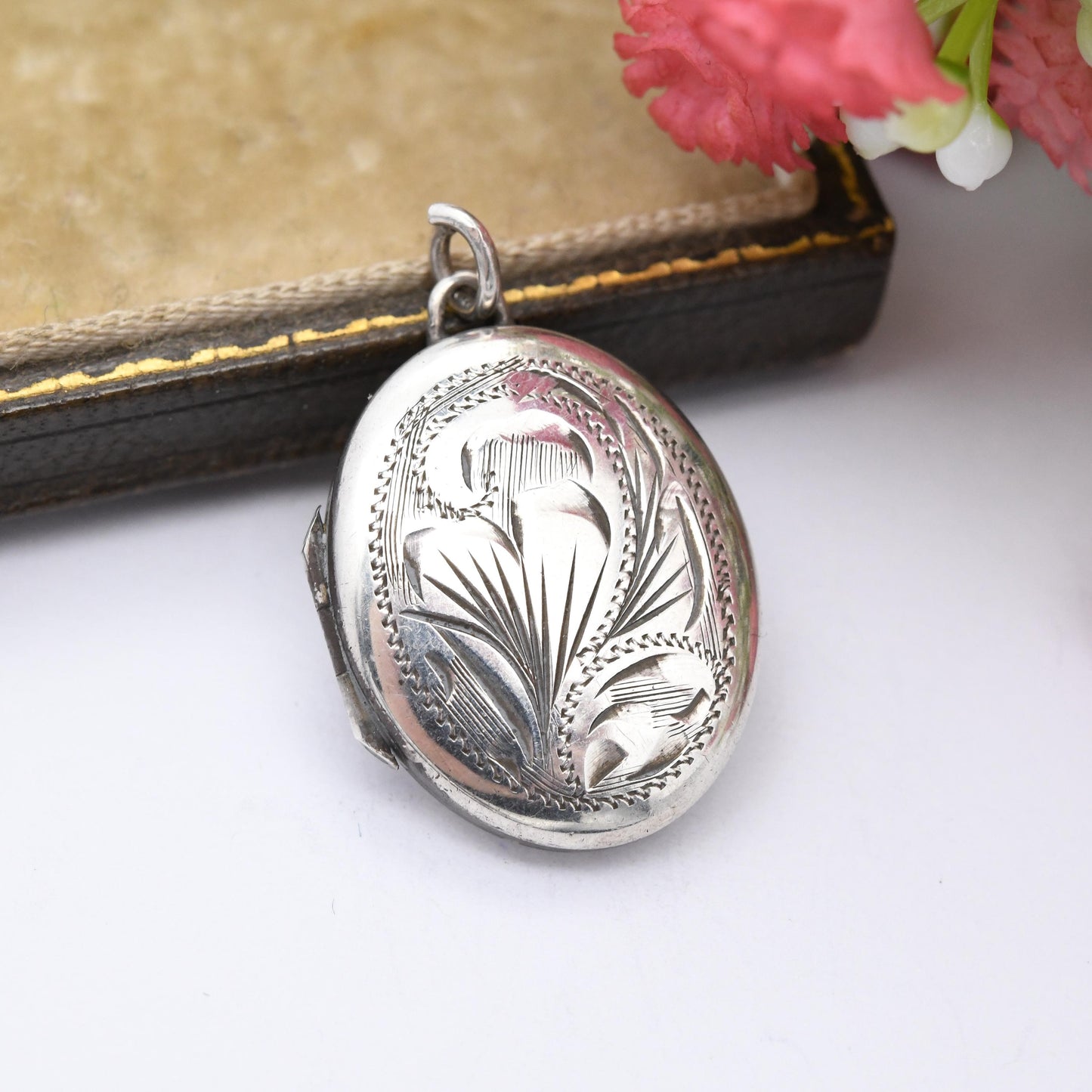 Vintage Sterling Silver Locket Pendant with Engraved Scrolling Design 1978 - Small Oval Locket Necklace | Sweet Sentimental Gift for Her