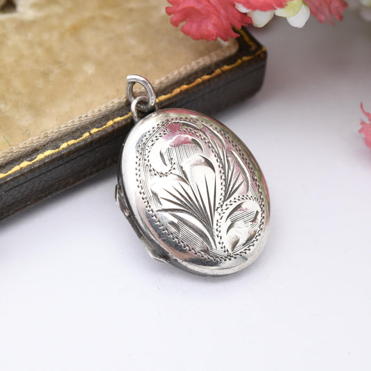 Vintage Sterling Silver Locket Pendant with Engraved Scrolling Design 1978 - Small Oval Locket Necklace | Sweet Sentimental Gift for Her