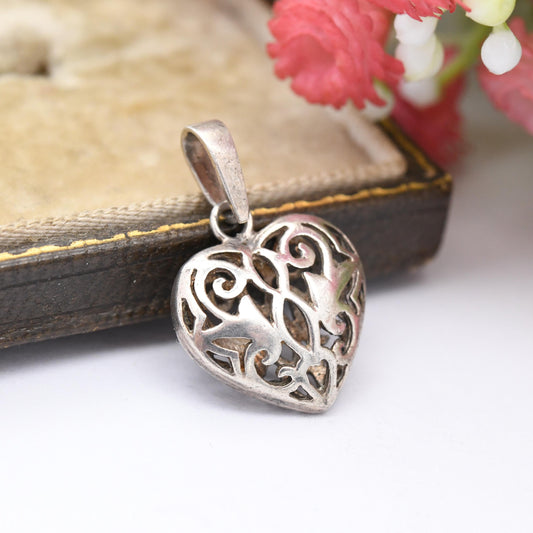 Vintage Sterling Silver Puffed Heart Openwork Pendant - Ornate Openwork Design Pretty Gift for Her Charm Necklace Stack