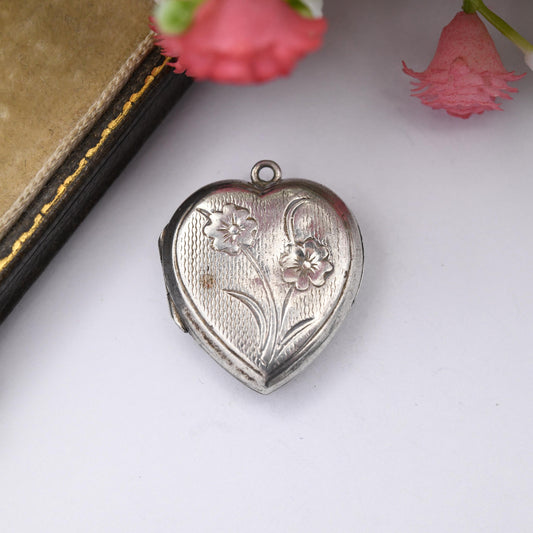 Vintage Sterling Silver B&F Heart Locket Pendant with Flower Design - Love Heart Shape Locket Pretty Gift for Her with Elvis Photograph