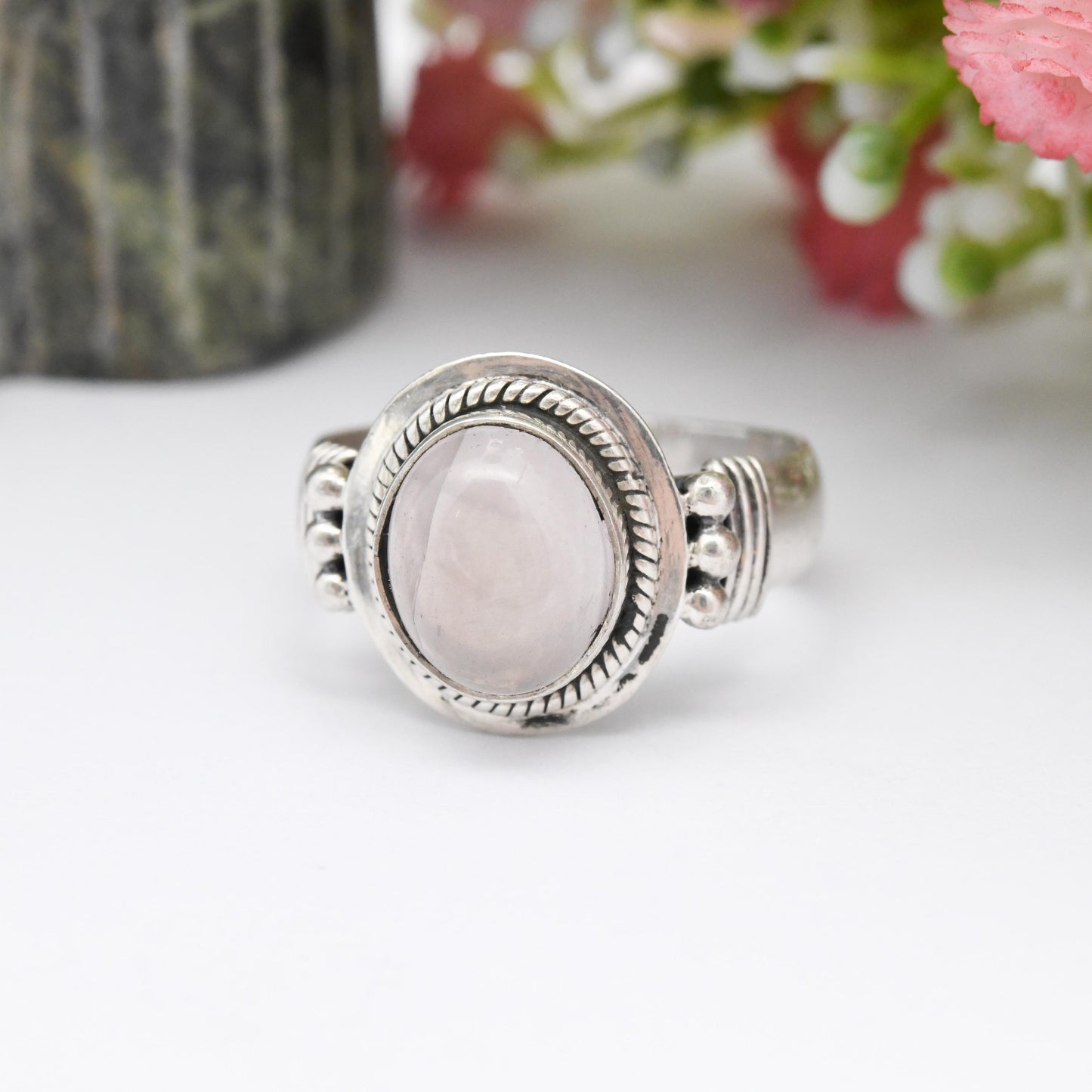 Vintage Sterling Silver Rose Quartz Ring - Rope Twist Ball Large Cabochon Stone | Pretty Baby Pink Gemstone | UK Size - T | US Size - 9 1/2