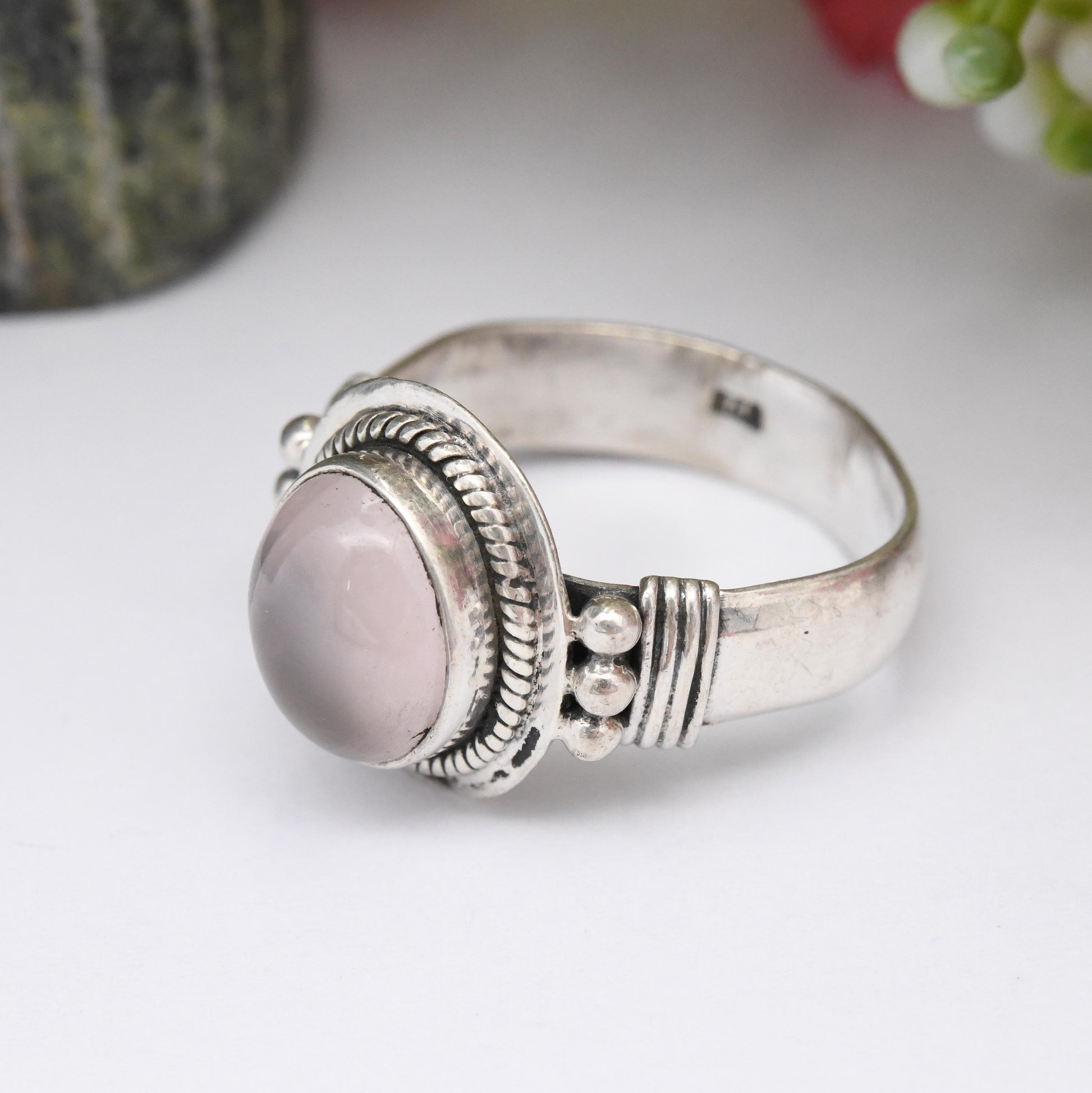 Vintage Sterling Silver Rose Quartz Ring - Rope Twist Ball Large Cabochon Stone | Pretty Baby Pink Gemstone | UK Size - T | US Size - 9 1/2