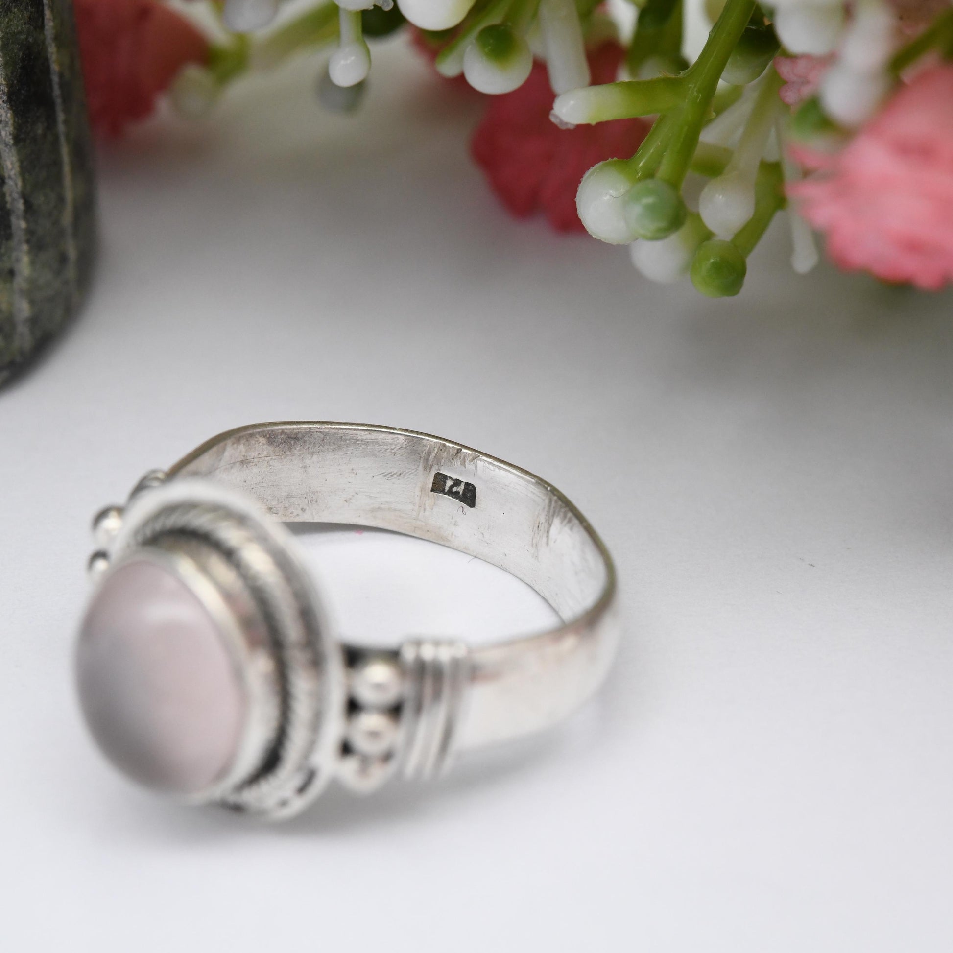 Vintage Sterling Silver Rose Quartz Ring - Rope Twist Ball Large Cabochon Stone | Pretty Baby Pink Gemstone | UK Size - T | US Size - 9 1/2