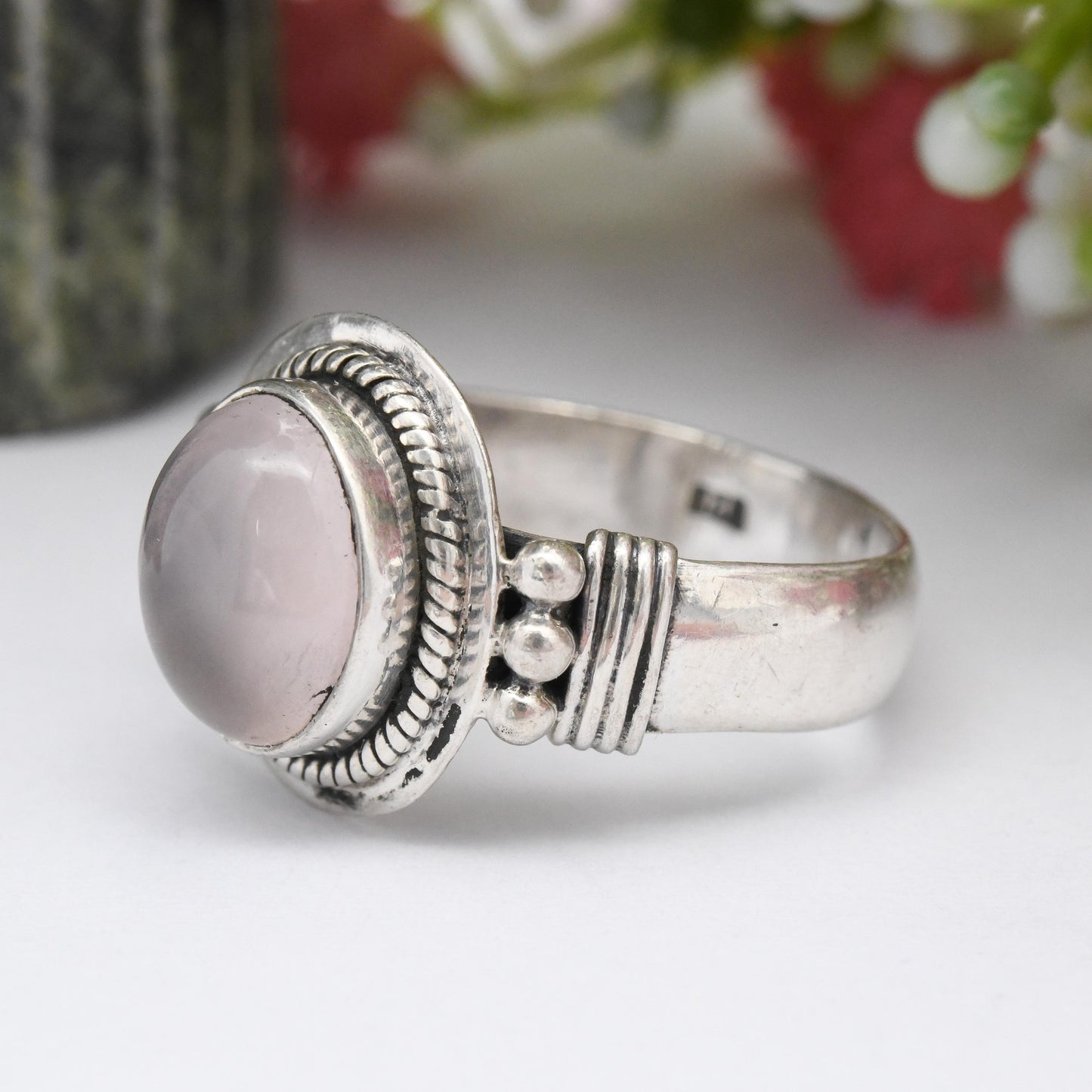 Vintage Sterling Silver Rose Quartz Ring - Rope Twist Ball Large Cabochon Stone | Pretty Baby Pink Gemstone | UK Size - T | US Size - 9 1/2