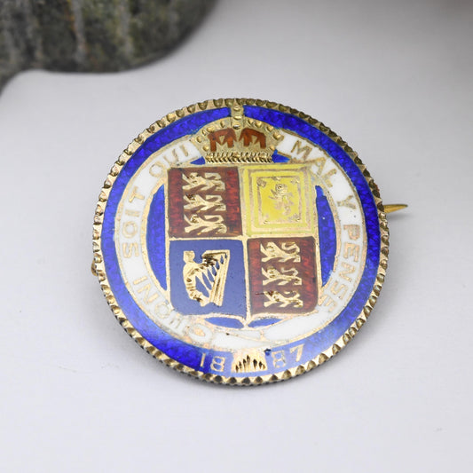 Antique Sterling Silver 1887 Victoria One Shilling Coin Brooch - Colourful Enamel Coin Jewellery | Honi Soit Qui Mal Y Pense Shield Design