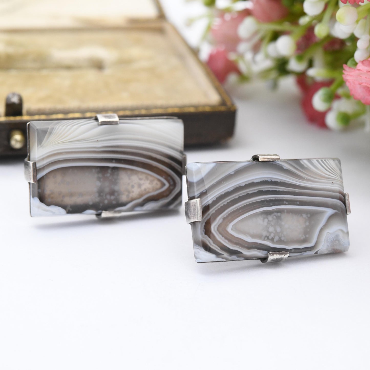 Antique Sterling Silver Agate Cufflinks - Large Rectangle Gemstone Brown and Blue Striped Bands | Bullet Back | Gift for Him