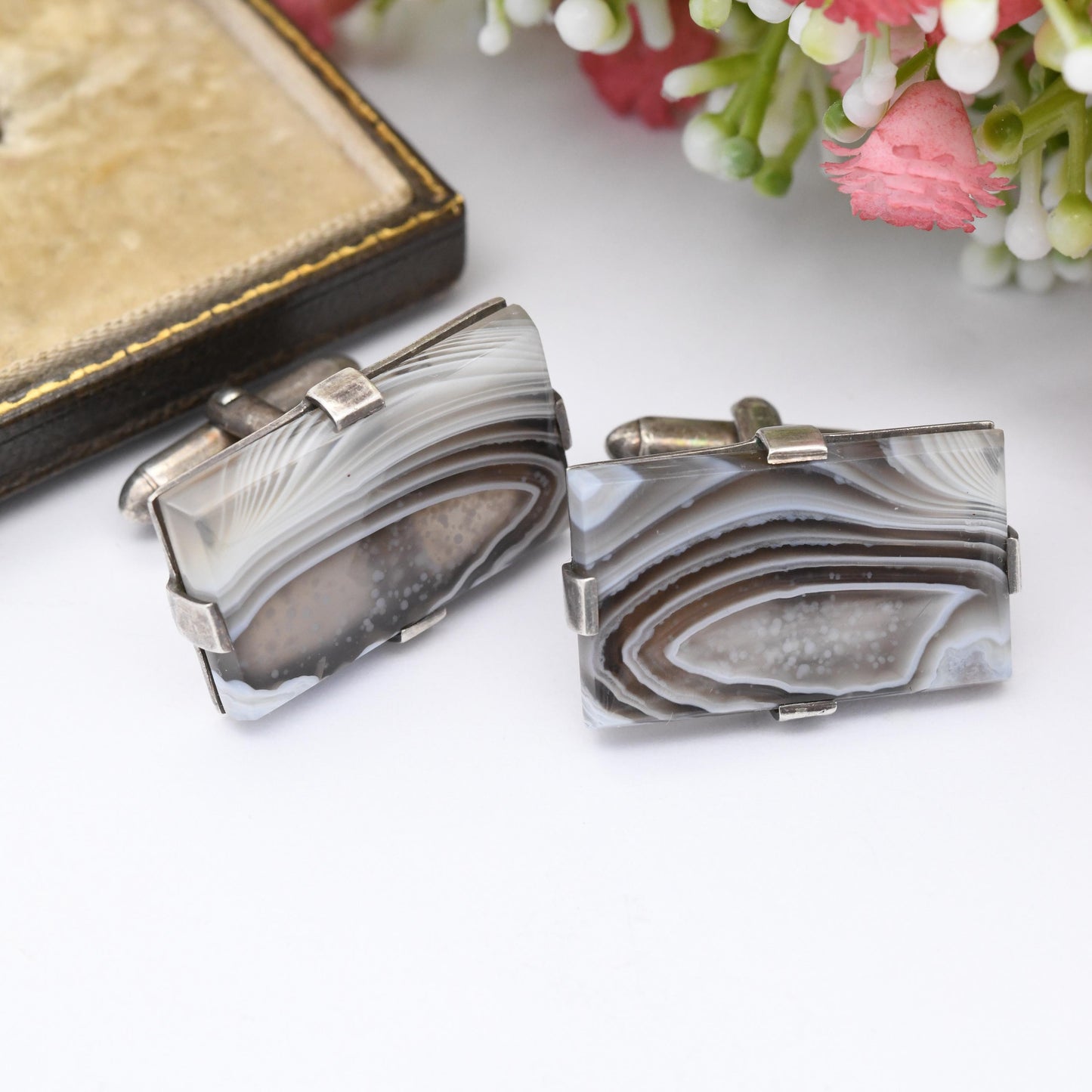 Antique Sterling Silver Agate Cufflinks - Large Rectangle Gemstone Brown and Blue Striped Bands | Bullet Back | Gift for Him