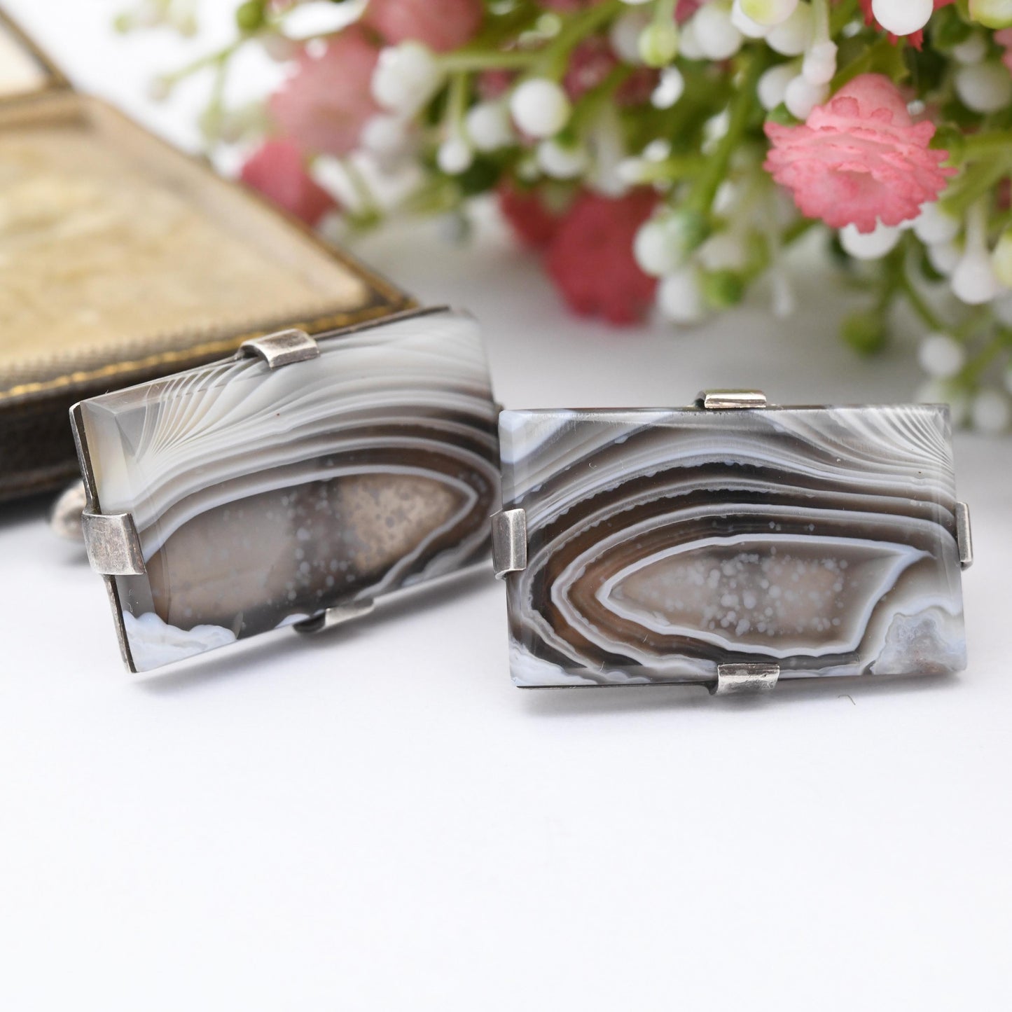 Antique Sterling Silver Agate Cufflinks - Large Rectangle Gemstone Brown and Blue Striped Bands | Bullet Back | Gift for Him