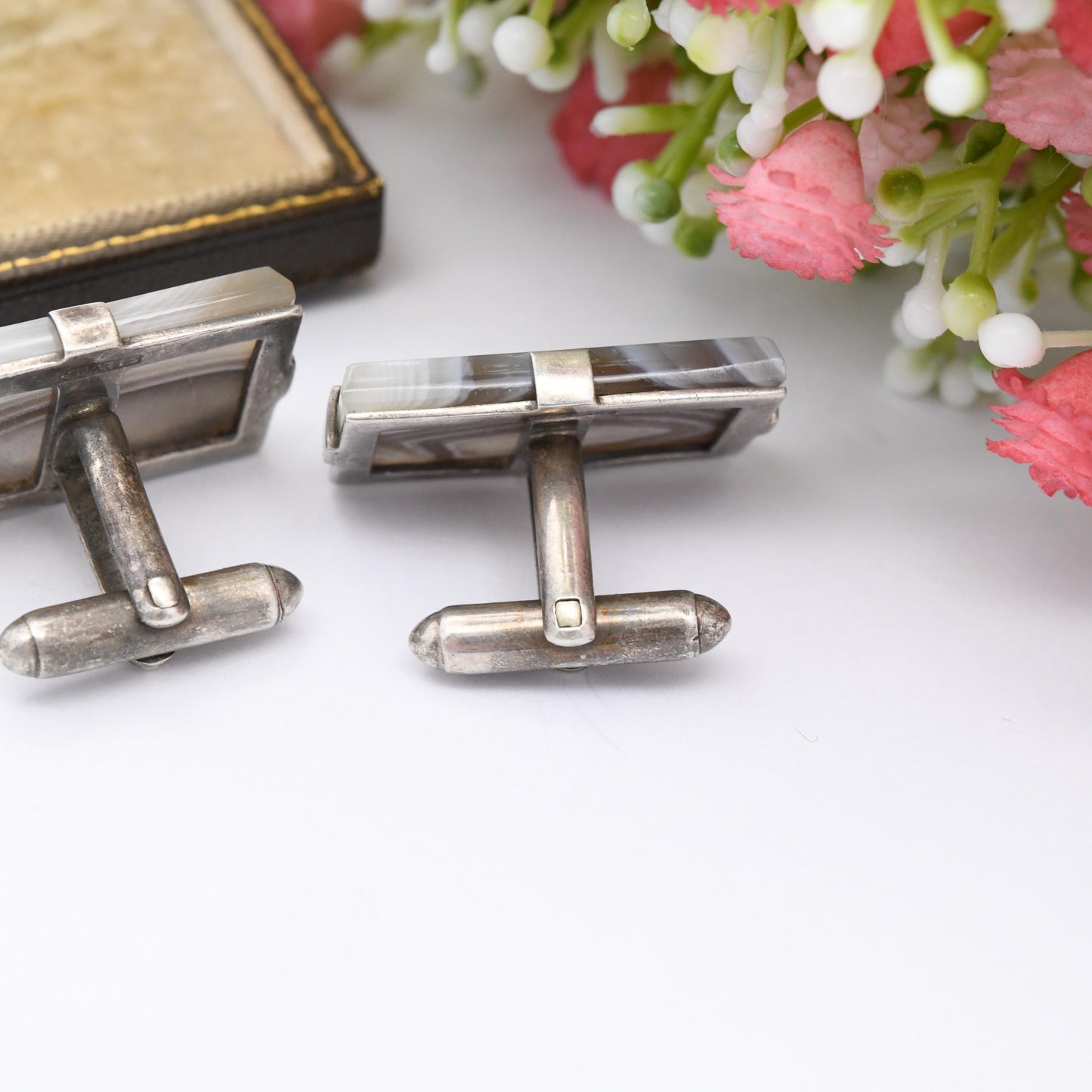 Antique Sterling Silver Agate Cufflinks - Large Rectangle Gemstone Brown and Blue Striped Bands | Bullet Back | Gift for Him