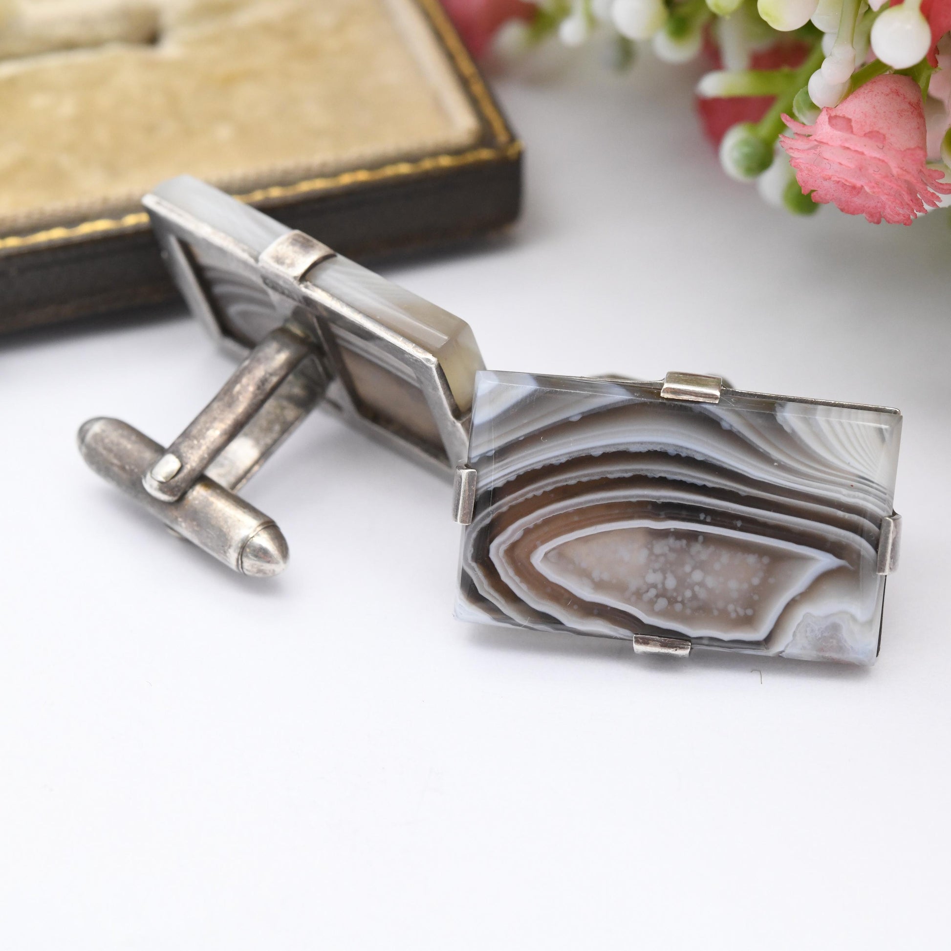Antique Sterling Silver Agate Cufflinks - Large Rectangle Gemstone Brown and Blue Striped Bands | Bullet Back | Gift for Him