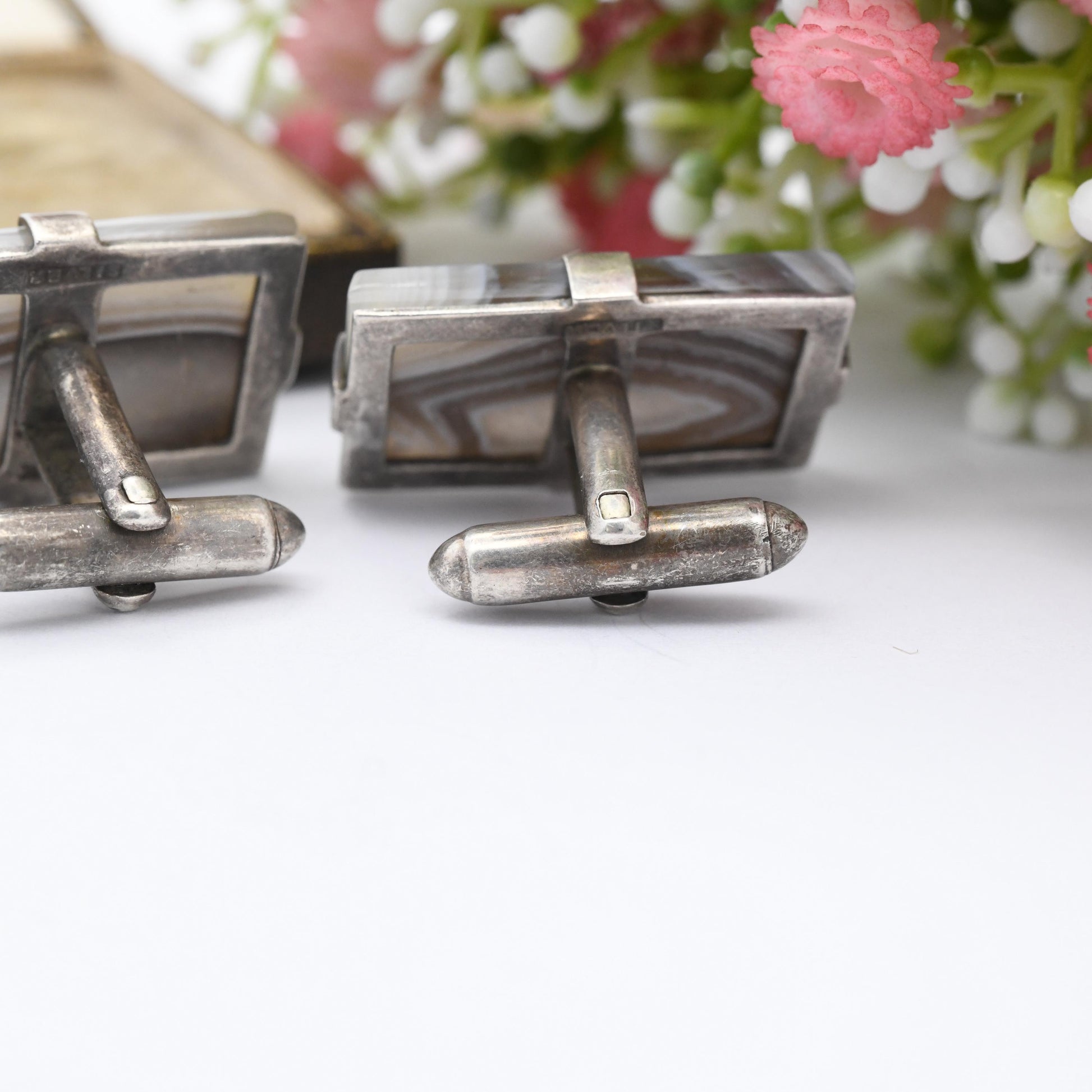 Antique Sterling Silver Agate Cufflinks - Large Rectangle Gemstone Brown and Blue Striped Bands | Bullet Back | Gift for Him