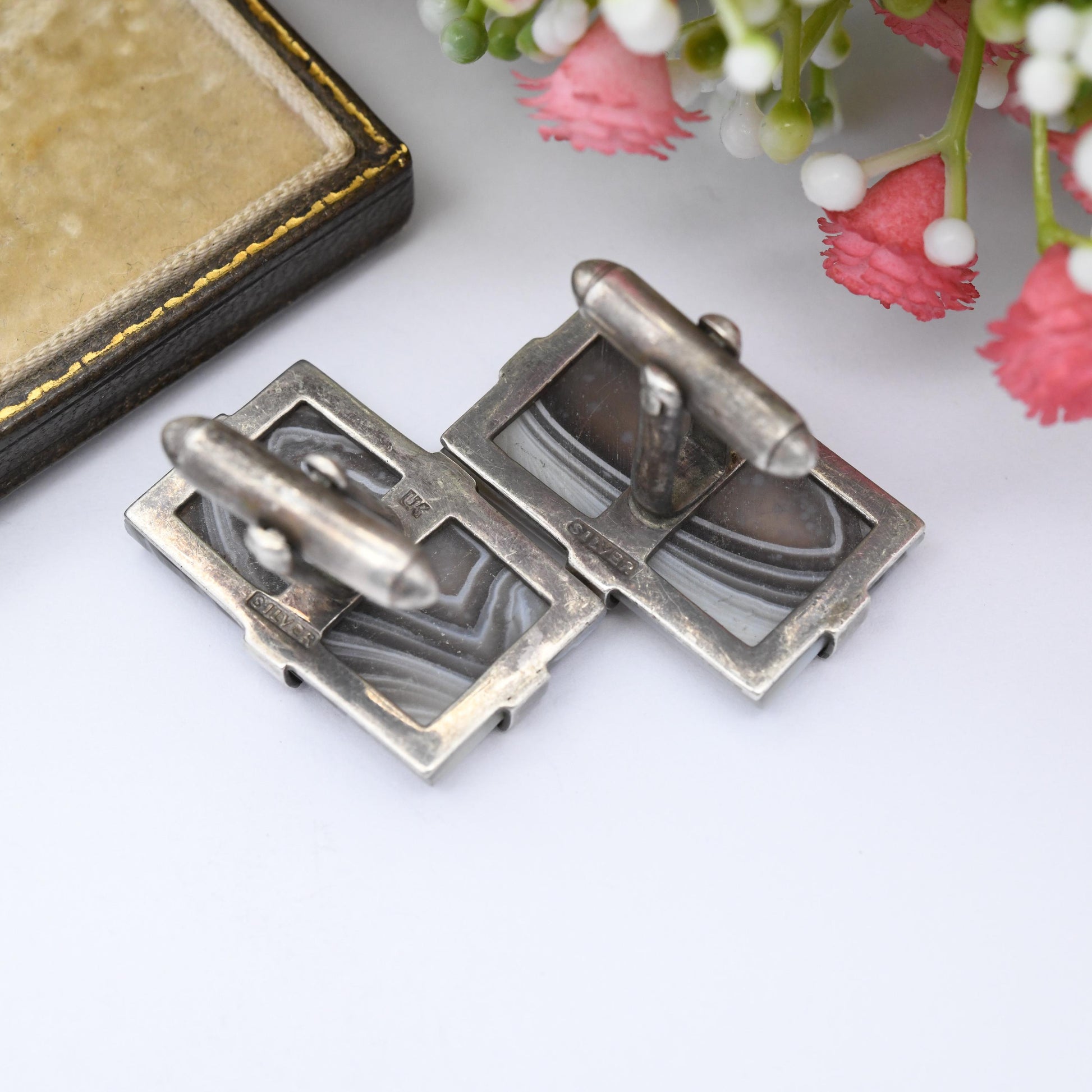Antique Sterling Silver Agate Cufflinks - Large Rectangle Gemstone Brown and Blue Striped Bands | Bullet Back | Gift for Him
