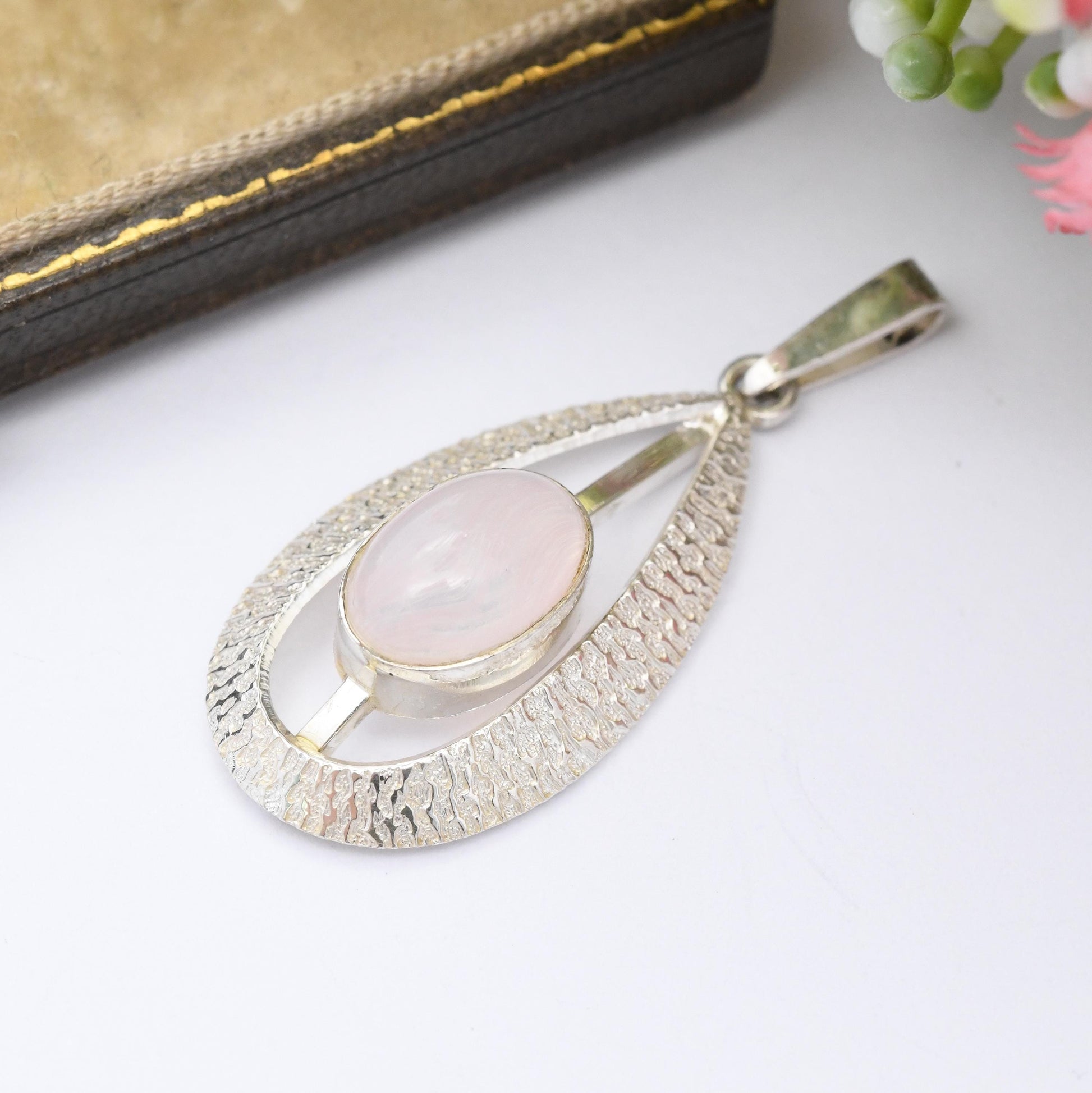 Vintage Mid-Century Sterling Silver Pendant by Andreas Daub A*D - Teardrop Shape | Textured Silver | Swirling Engraved Pink Stone