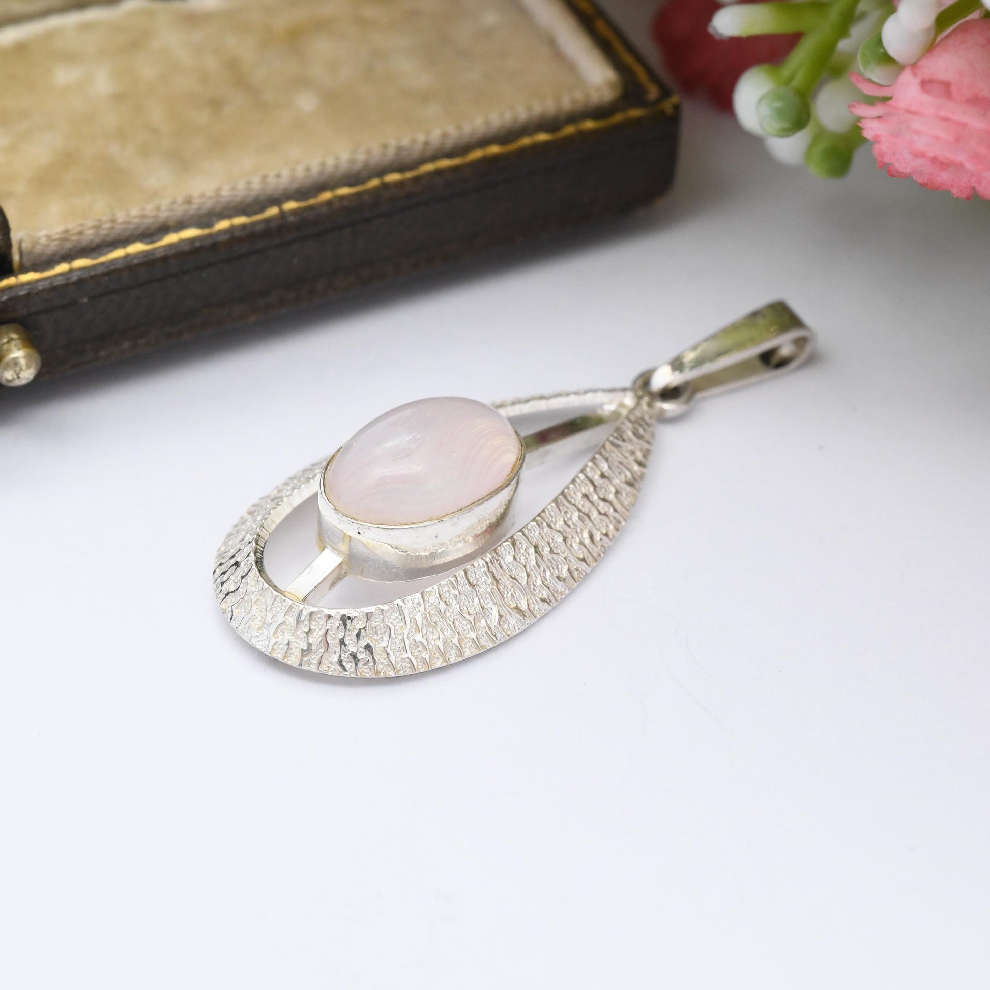 Vintage Mid-Century Sterling Silver Pendant by Andreas Daub A*D - Teardrop Shape | Textured Silver | Swirling Engraved Pink Stone