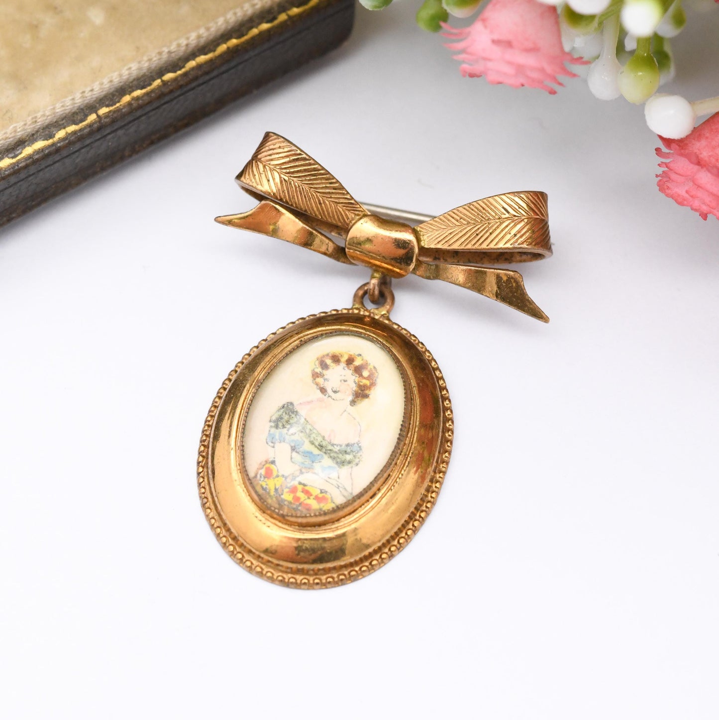 Vintage TLM Bow Brooch Hand Painted Miniature Portrait of a Lady - Thomas L Mott Costume Brooch | Made in England | True Vintage Jewellery