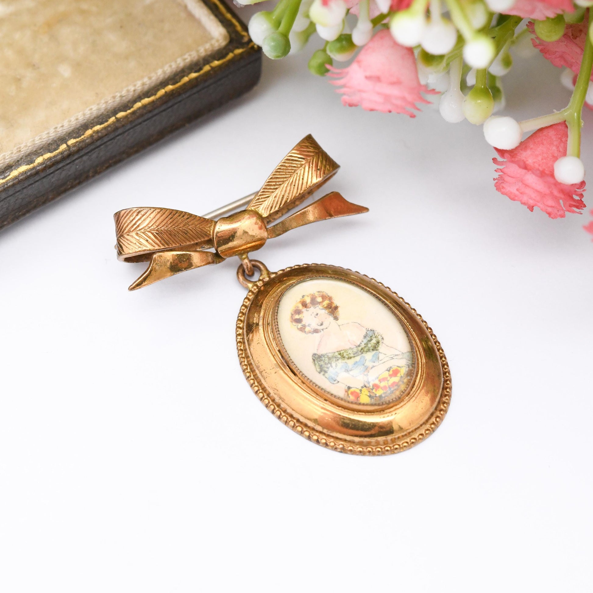 Vintage TLM Bow Brooch Hand Painted Miniature Portrait of a Lady - Thomas L Mott Costume Brooch | Made in England | True Vintage Jewellery