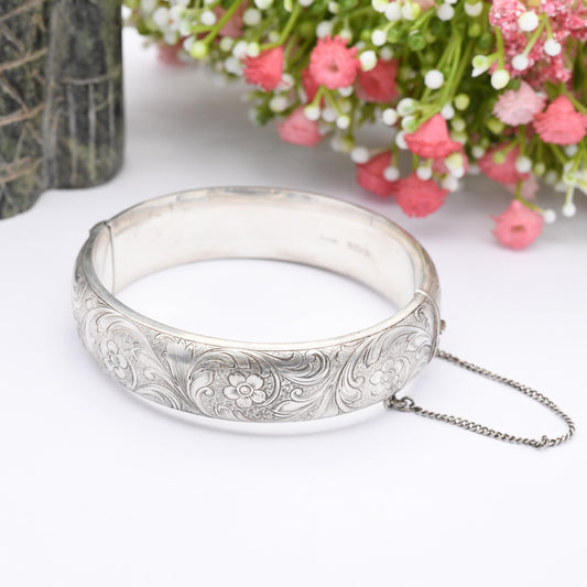 Vintage Excalibur Sterling Silver Bangle Bracelet 1972 Flower Design - Ornate Scrolling Floral Chunky Silver Jewellery with Safety Chain