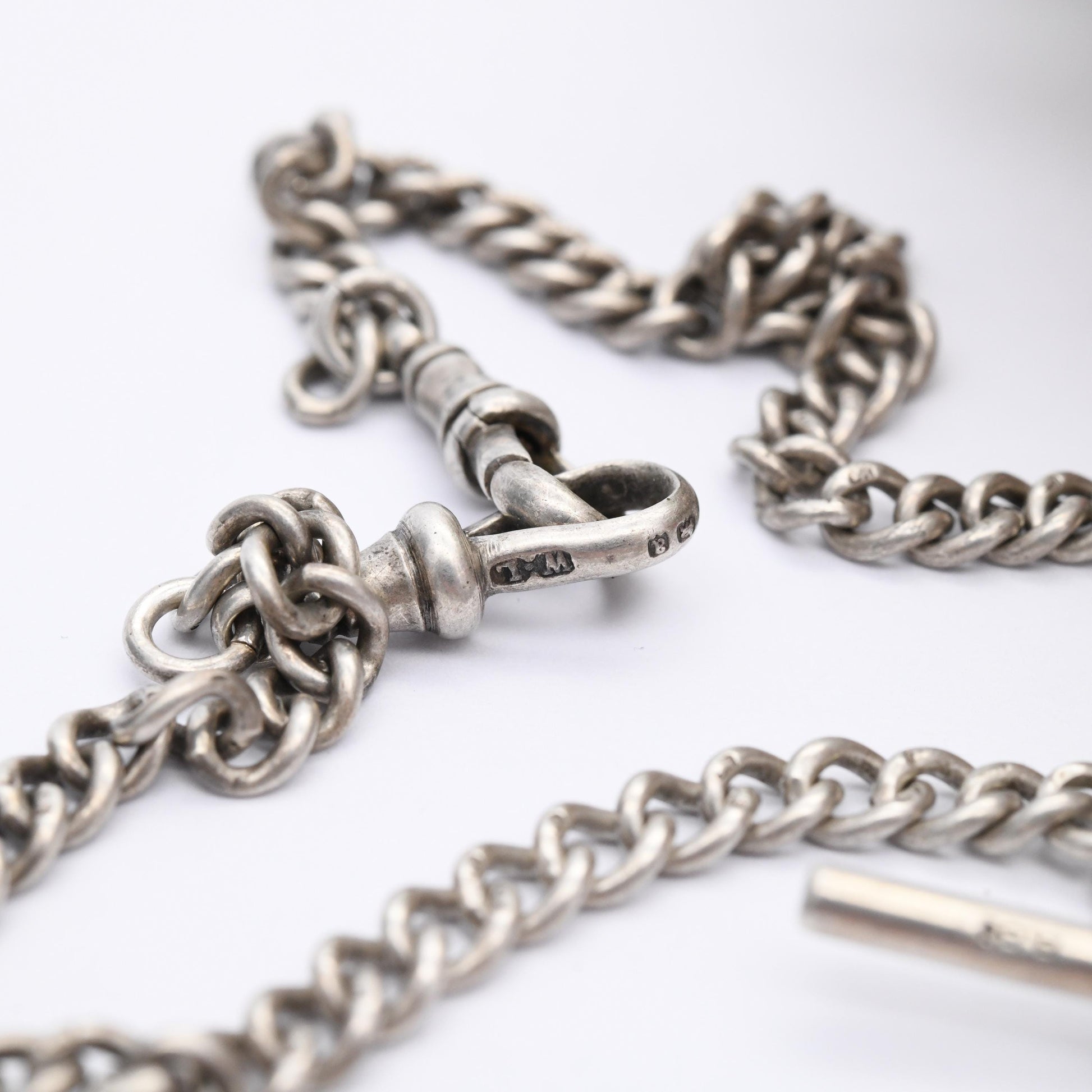 Vintage Sterling Silver Double Albert Chain Necklace with Watch Fob T-Bar Dog Clips 1903 1920 Vaughton & Sons - Hallmarked Curb Link Chain