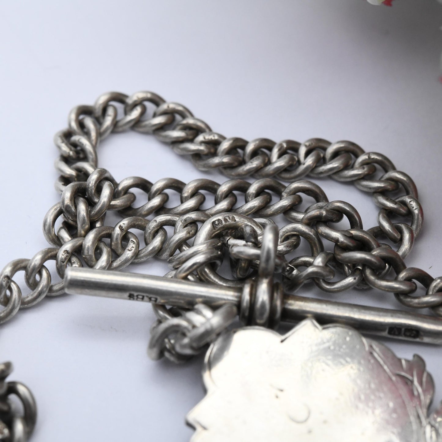 Vintage Sterling Silver Double Albert Chain Necklace with Watch Fob T-Bar Dog Clips 1903 1920 Vaughton & Sons - Hallmarked Curb Link Chain