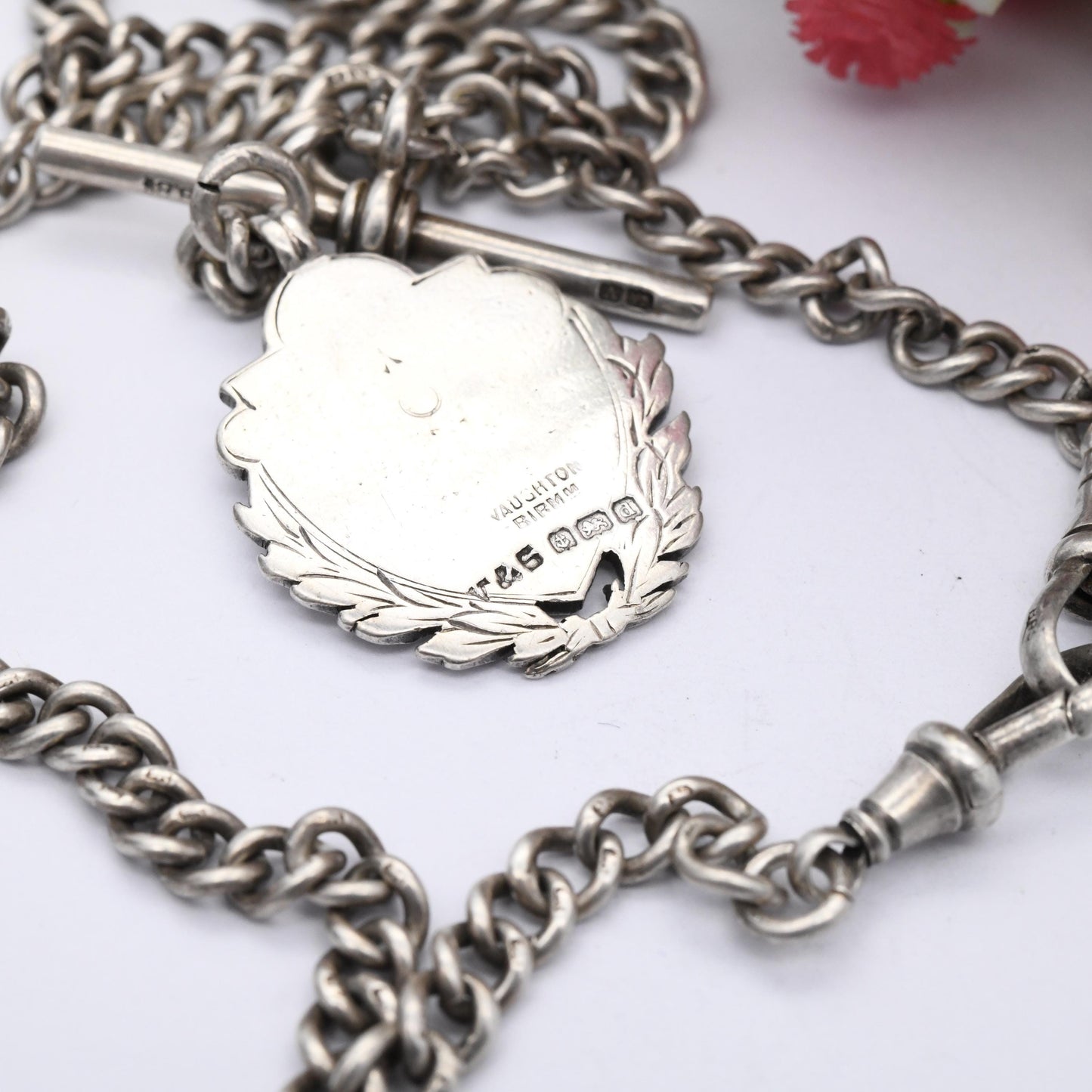 Vintage Sterling Silver Double Albert Chain Necklace with Watch Fob T-Bar Dog Clips 1903 1920 Vaughton & Sons - Hallmarked Curb Link Chain