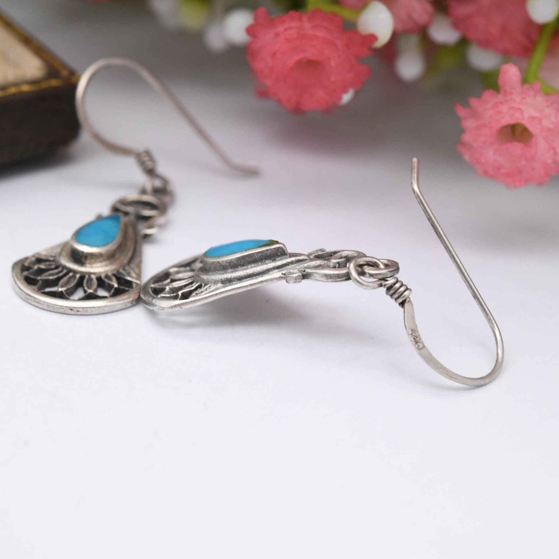 Vintage Sterling Silver Turquoise Drop Earrings - Blue Gemstone Teardrop Ornate Floral Fan Shape | Pretty Everyday Dangle Earrings