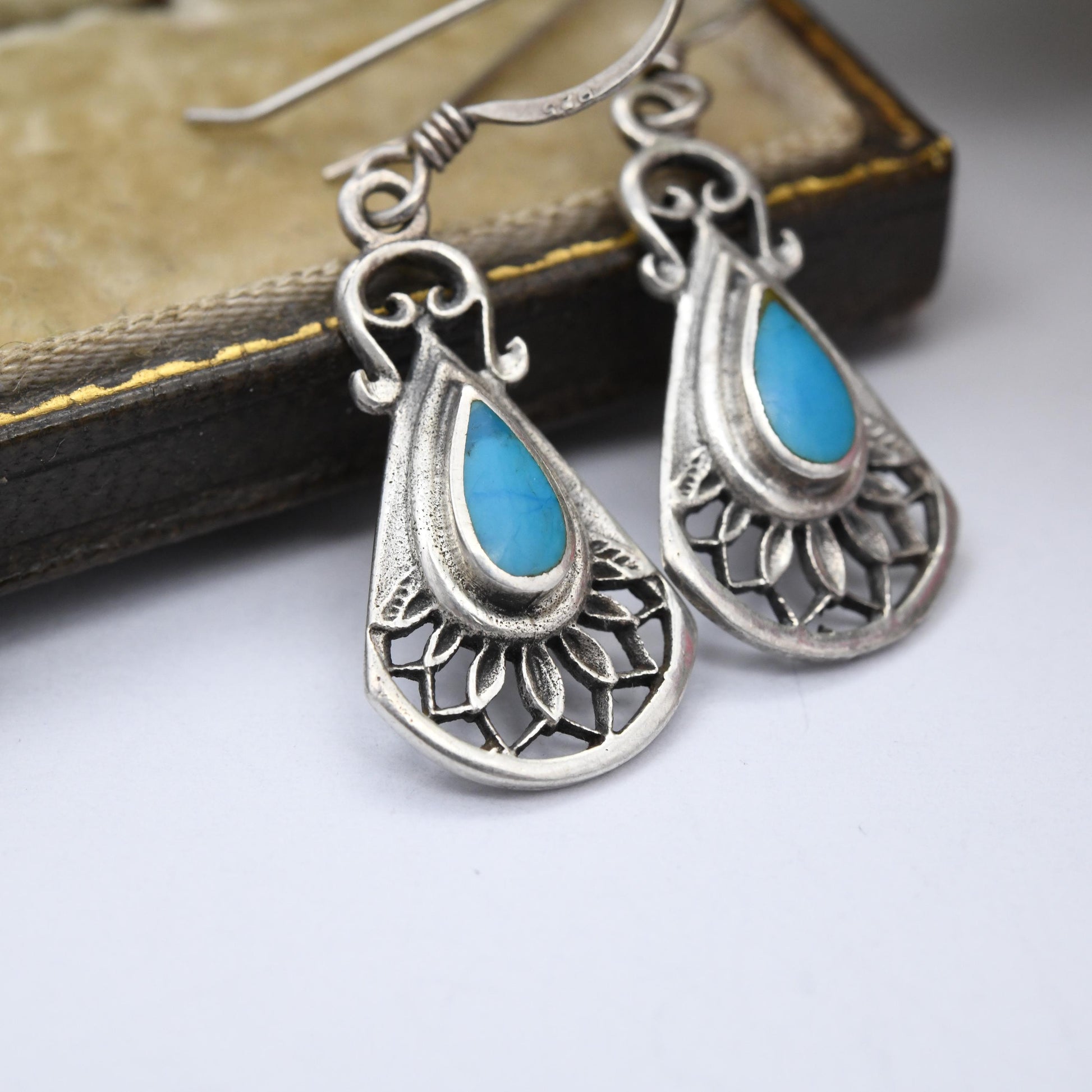 Vintage Sterling Silver Turquoise Drop Earrings - Blue Gemstone Teardrop Ornate Floral Fan Shape | Pretty Everyday Dangle Earrings