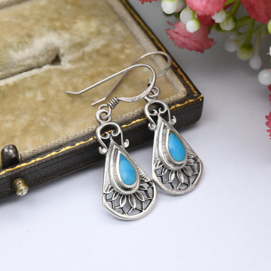 Vintage Sterling Silver Turquoise Drop Earrings - Blue Gemstone Teardrop Ornate Floral Fan Shape | Pretty Everyday Dangle Earrings