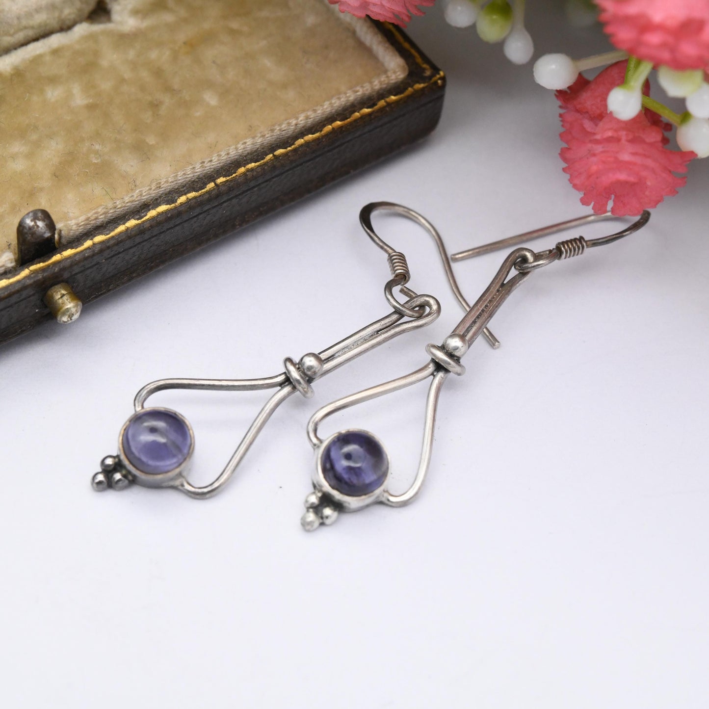 Vintage Sterling Silver Purple Gemstone Drop Earrings - Ball and Wire Design | Delicate Gift for Her