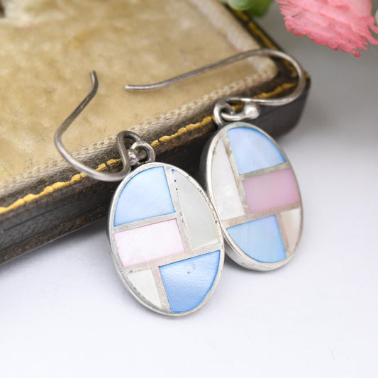 Vintage Sterling Silver Mother of Pearl Shell Drop Earrings - Oval Shape | Mosaic Blue White Pink Shell Hook Earrings | Pastel Colours