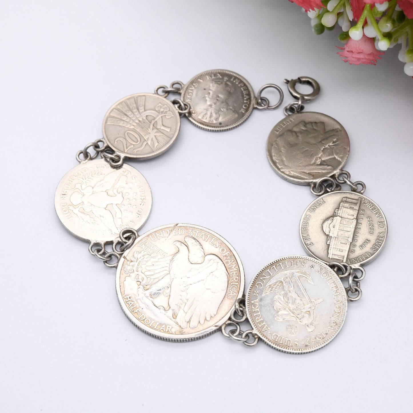 Vintage Silver Coin Bracelet with World Coins - 1936 Walking Liberty Half Dollar 1914 Quarter 1932 George V South Africa Shilling Sixpence