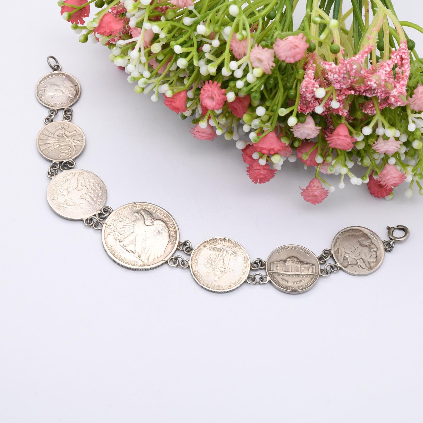 Vintage Silver Coin Bracelet with World Coins - 1936 Walking Liberty Half Dollar 1914 Quarter 1932 George V South Africa Shilling Sixpence